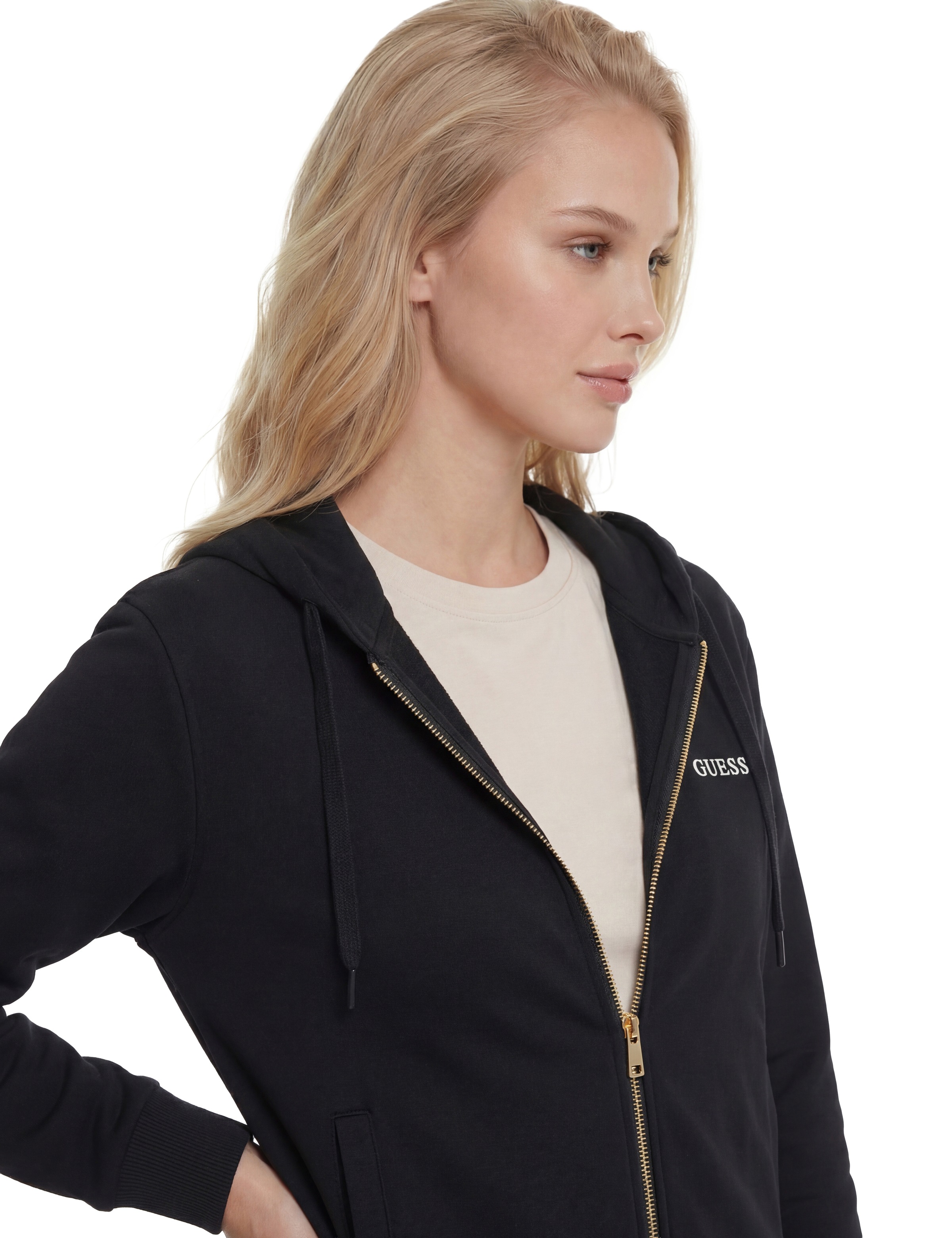 Guess Kapuzensweatjacke »SOFIA ZIPPER SWEATSHIRT« mit Logostickerei, Baumwollmix