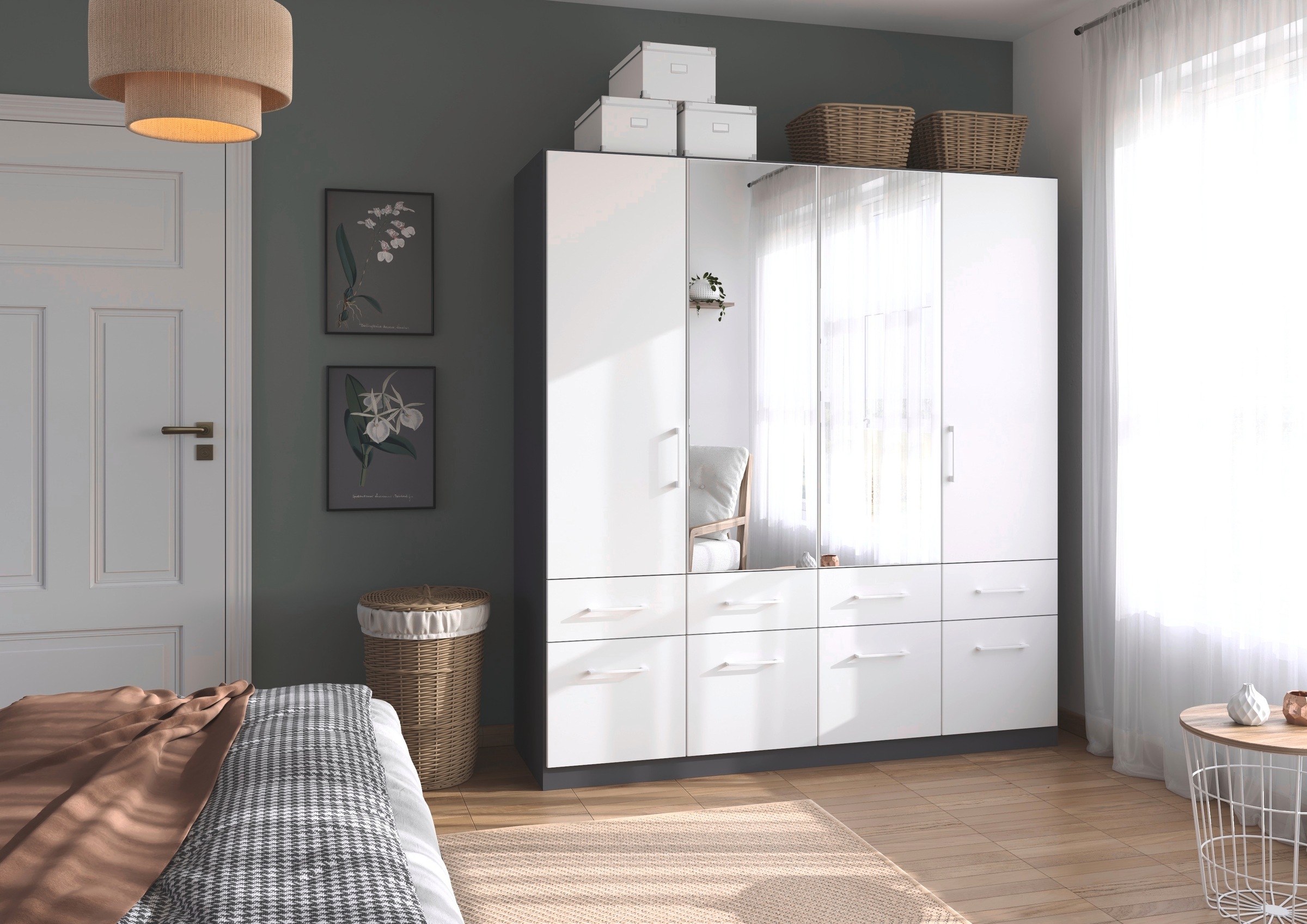 rauch Kleiderschrank »Kleiderschrank Schrank Garderobe Wäscheschrank DUNDEE«, (mit 3 Griff-Varianten), Schubladen in zwei Höhen, optional mit Spiegel MADE IN GERMANY