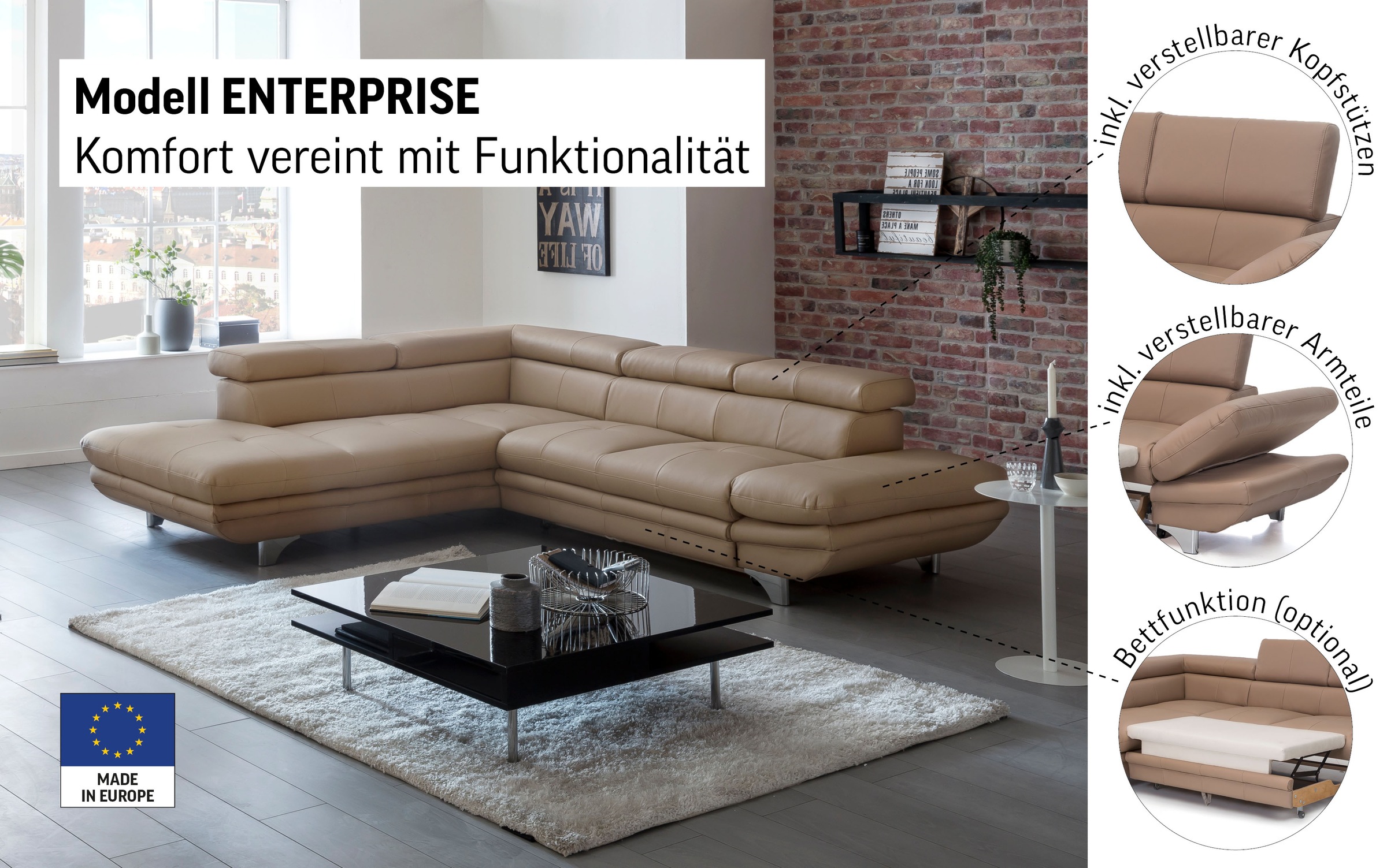 COTTA Ecksofa »Enterprise L-Form«, mit Arm- & Kopfteilverstellung, wahlweise mit Bettfunktion