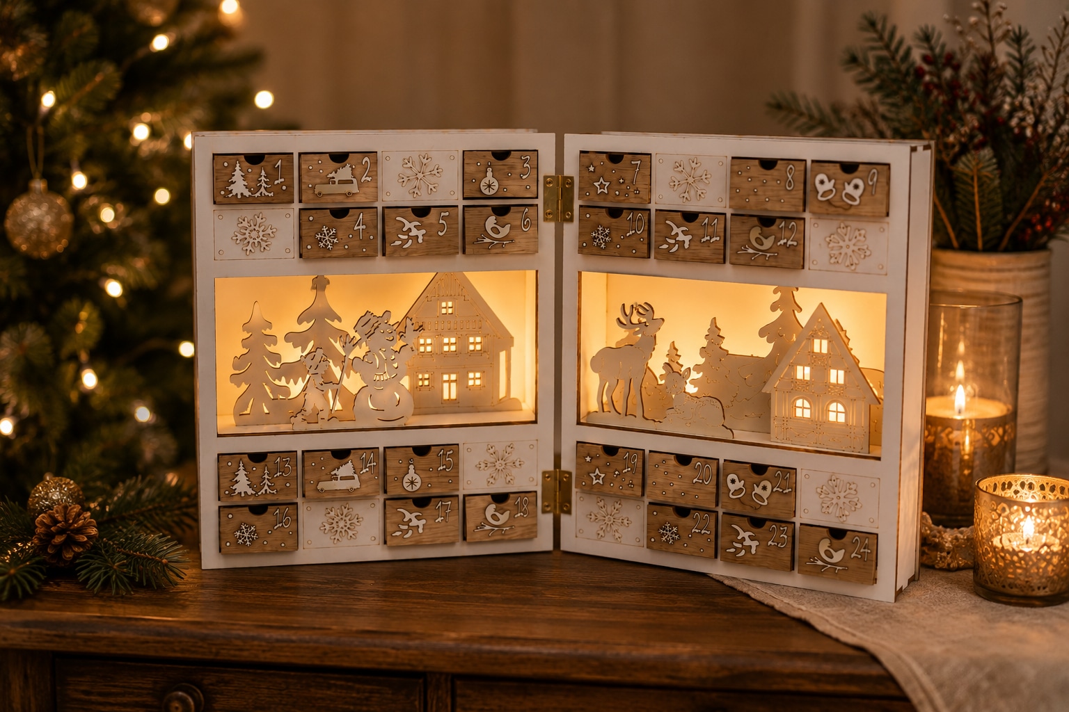 OTTO home befüllbarer Adventskalender »Adventskalender« für Erwachsene Mit Beleuchtung und 6h-Timer, winterliche Motive, Höhe 22 cm