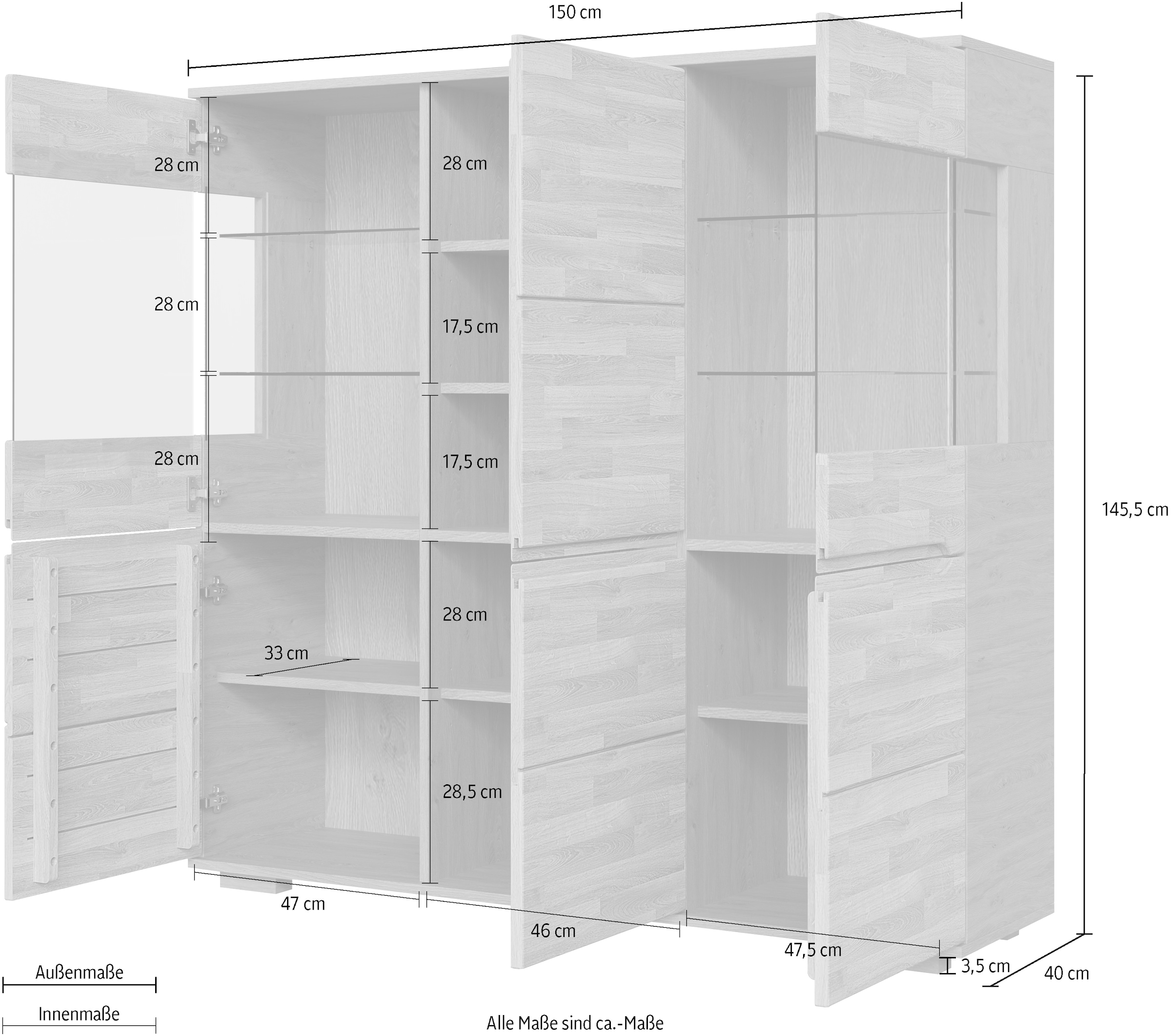 OTTO home Highboard »VETRO Teilmassiv, Fronten Massivholz, Wohnzimmer, Stauraum,Griffmulde« B/T/H:150/40/1445,5cm, 15geschlossene Fächer,verstellbare Einlegeboden