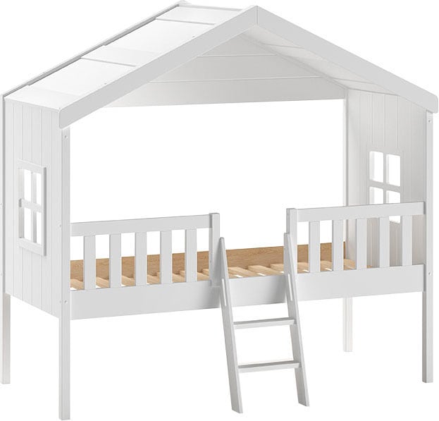 Vipack Hausbett »Kiefer massiv weiß lackiert, Made in Europe, stabil gebaut« B/H/T ca. 213x201,8cm, wahlweise mit und ohne Rutsche,  mit Leiter, seitliche Fenster, Rolllattenrost und Absturzschutz