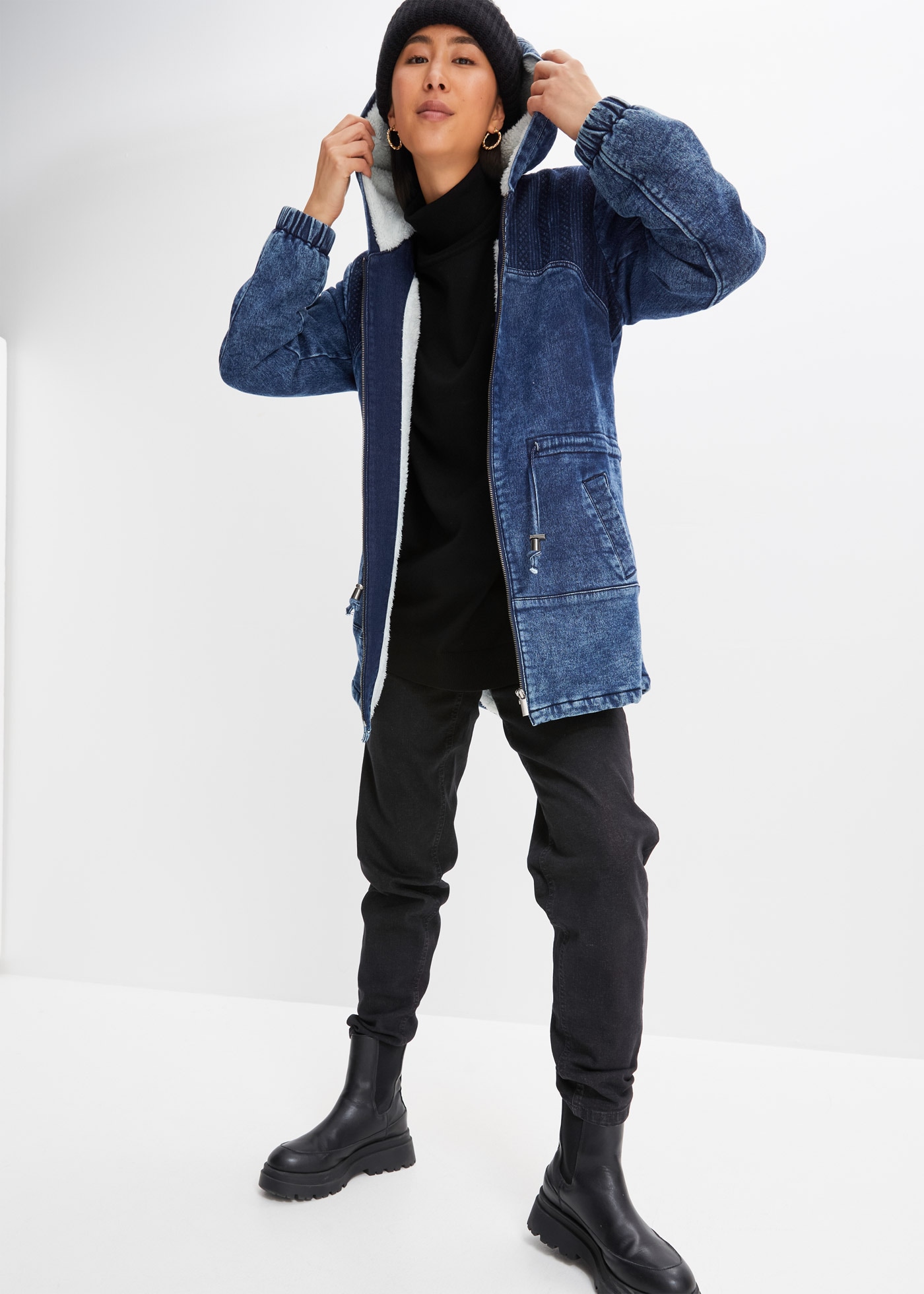 bonprix Parka mit Kapuze Winterjacke als Jeans-Parka mit Teddyfell und Kapuze
