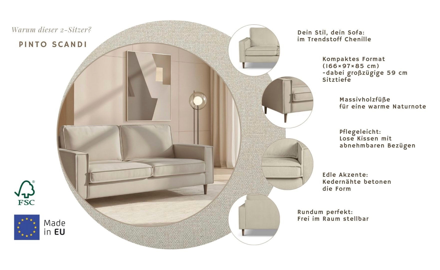 Home affaire 2-Sitzer »Pinto Skandi, 166 cm, Chenille, Struktur« mit Keder, Massivholzfüße Eiche geräuchert, Wellenunterfederung