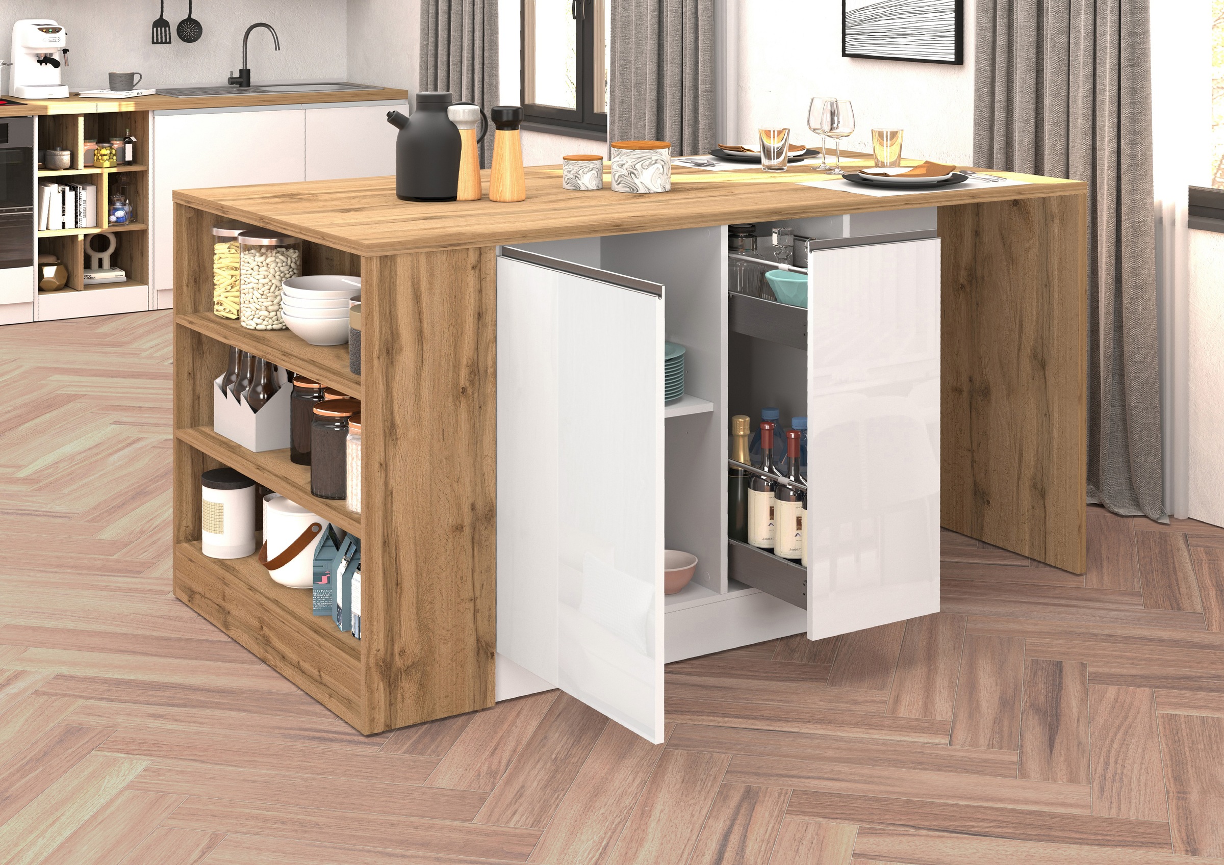 KOCHSTATION Kücheninsel »KS-Sole, Kochinsel, Küchenarbeitsblock, Arbeitsinsel, Made in Italy«, Breite 167,5 cm, 2 Apothekerauszüge, 2 Essplätze, 1 offenes Regal