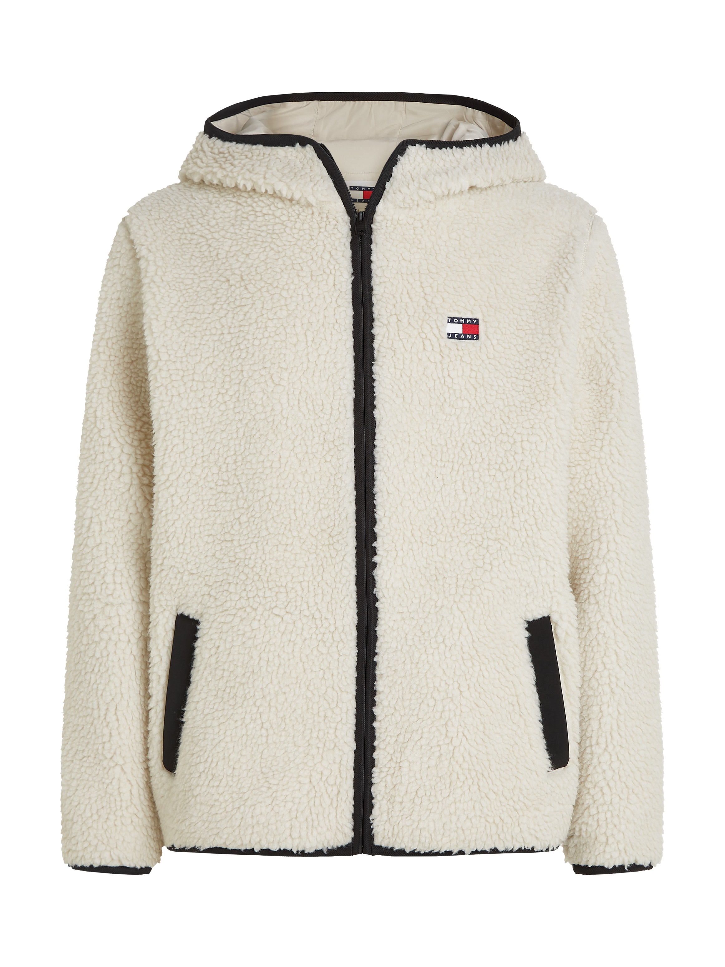 Tommy Jeans Plüschjacke »TJM REG BADGE TEDDY ZIP TRU EXT«, mit Kapuze, mit Logopatch, leicht überschnittene Schultern