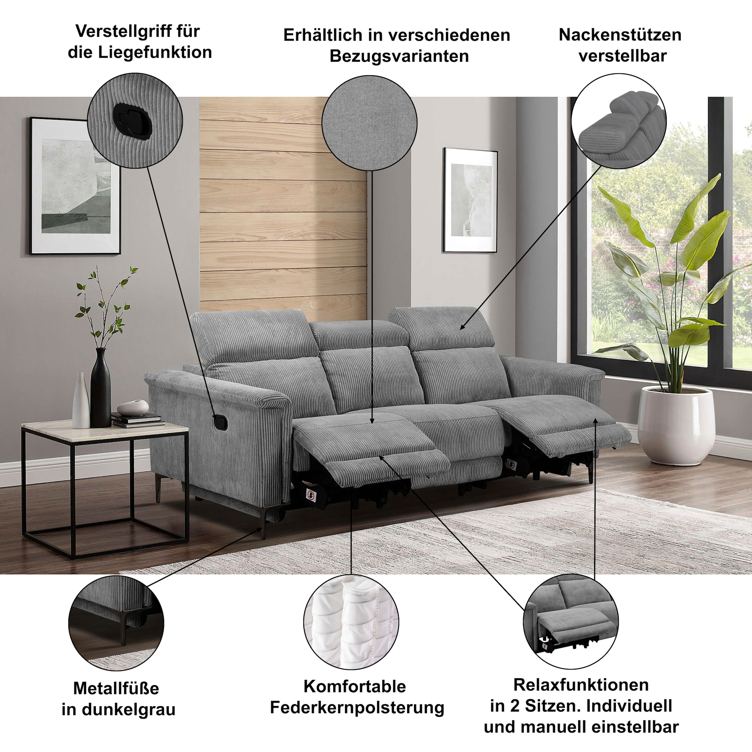 Home affaire 3-Sitzer »Lund, mit manueller und elektrischer Relaxfunktion« in 2 Sitzen (links u. rechts), USB-C, Echtleder, Kunstleder, Webstoff,