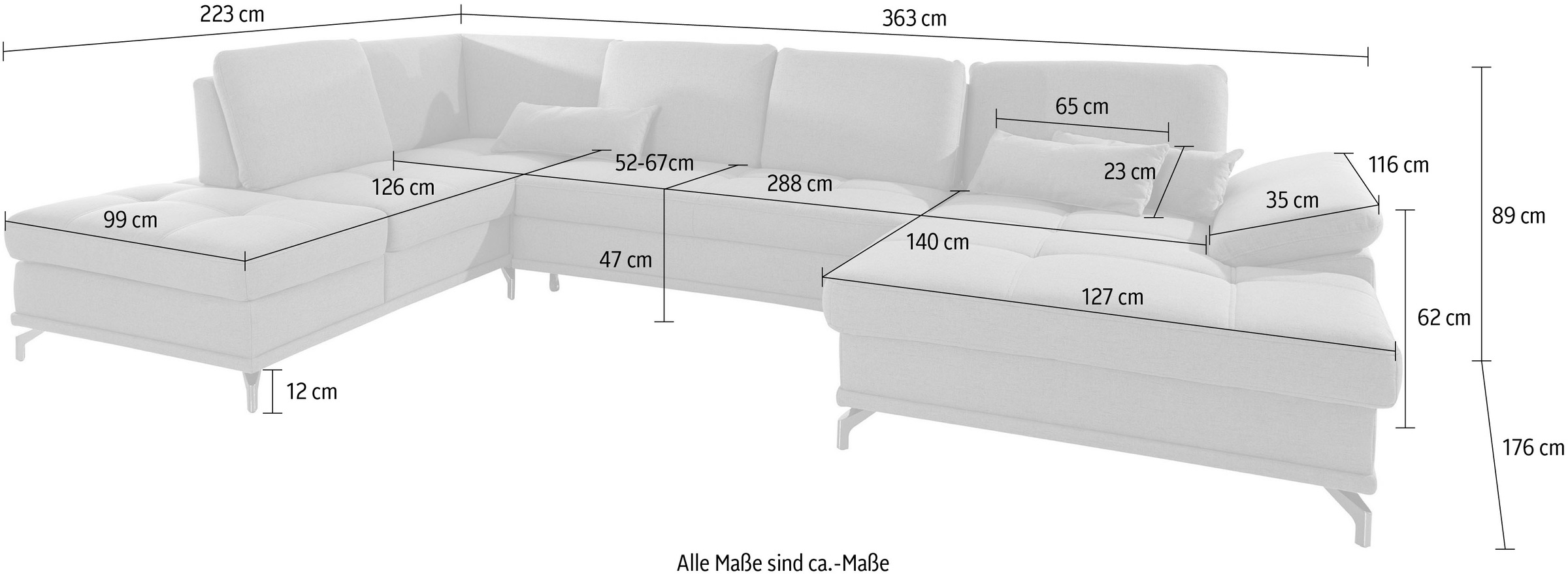 Places of Style Wohnlandschaft »Costello U-Form, mit Sitztiefenverstellung, Armteilverstellung und«, 3 Nierenkissen, optional Bettfunktion und Bettkasten