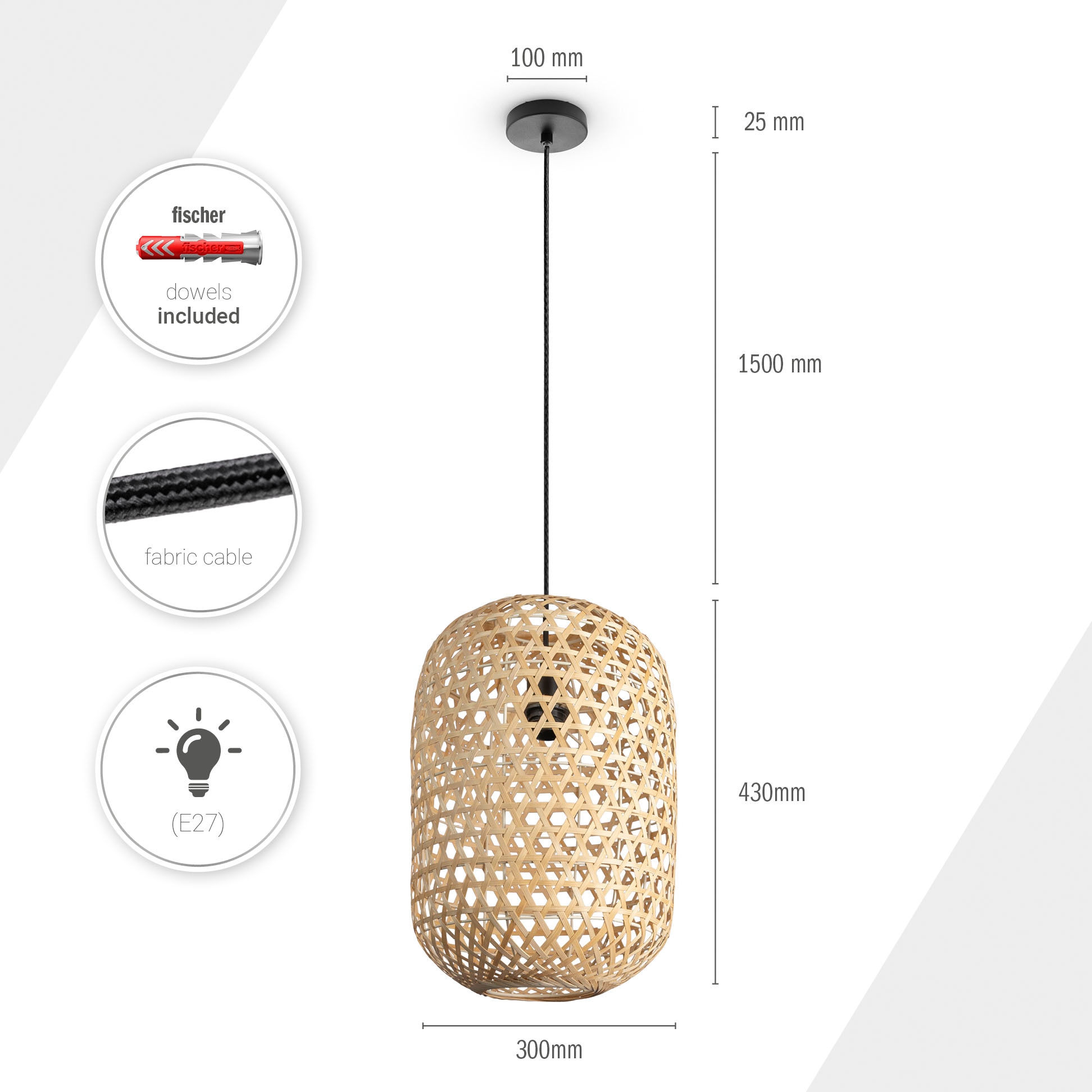 Paco Home Pendelleuchte »PUNU«, Leuchtmittel E27 | ohne Leuchtmittel, Bambus Pendelleuchte Boho Deckenlampe Korb Hängend Rustikal E27 Natur