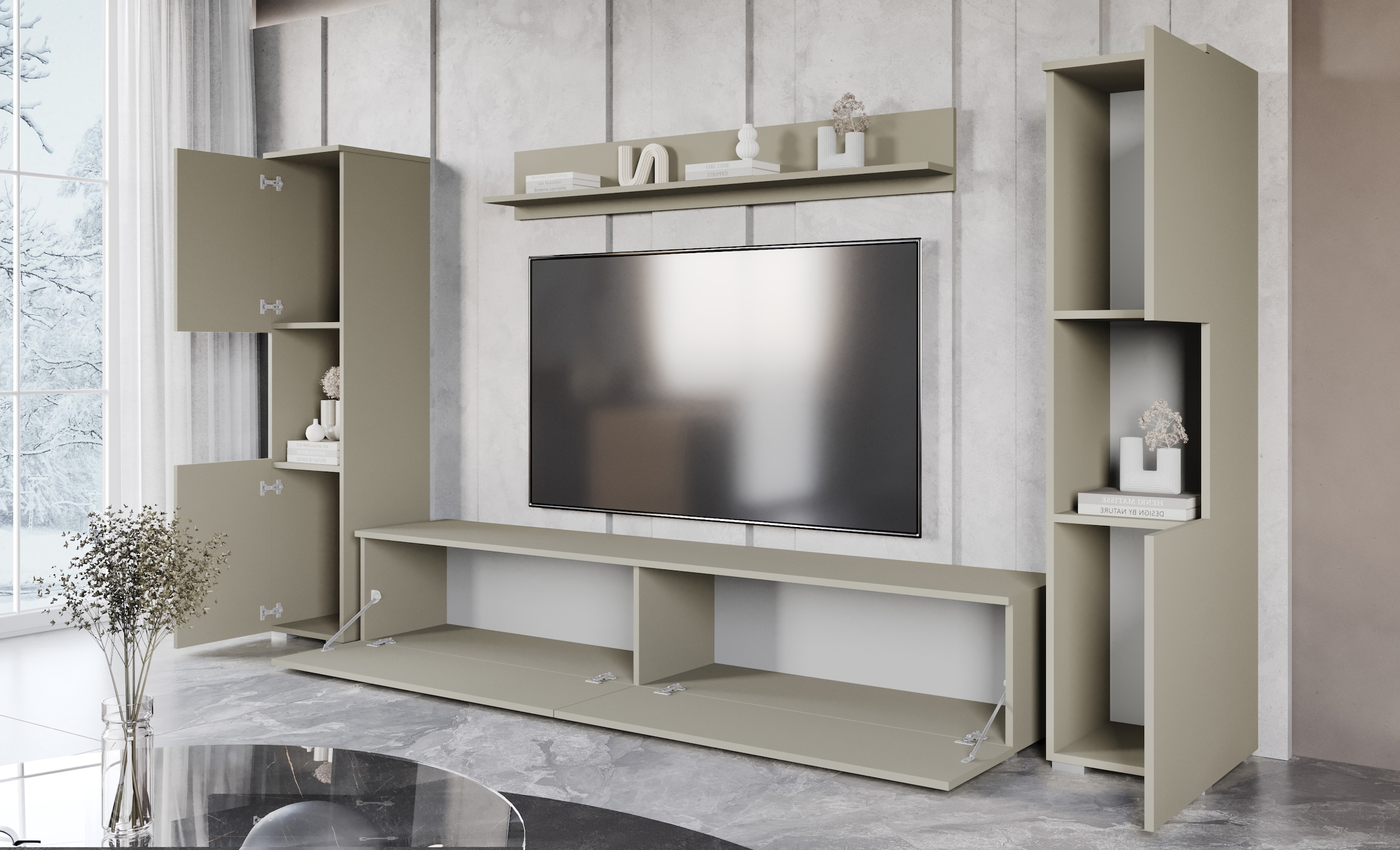INOSIGN Wohnwand »PARIS, Vitrine Türanschlag links/rechts wechselbar«, (Komplett-Set, 4 St.), grifflose Design, stehend und hängend montierbar