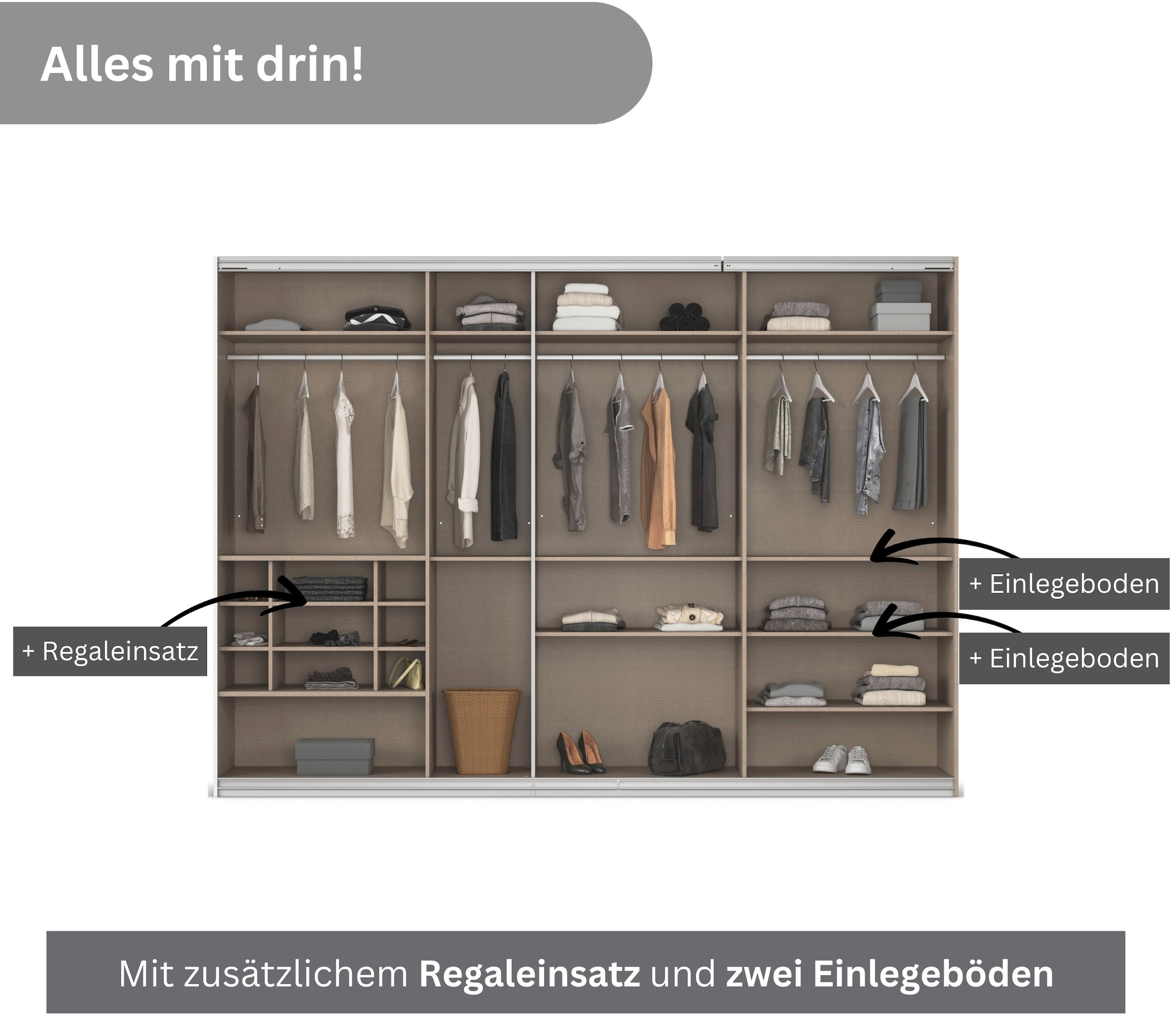 rauch Schwebetürenschrank »Kleiderschrank Schrank Garderobe Wäscheschrank TOMA«, inkl. Regaleinsatz sowie zusätzlichen Einlegeböden MADE IN GERMANY