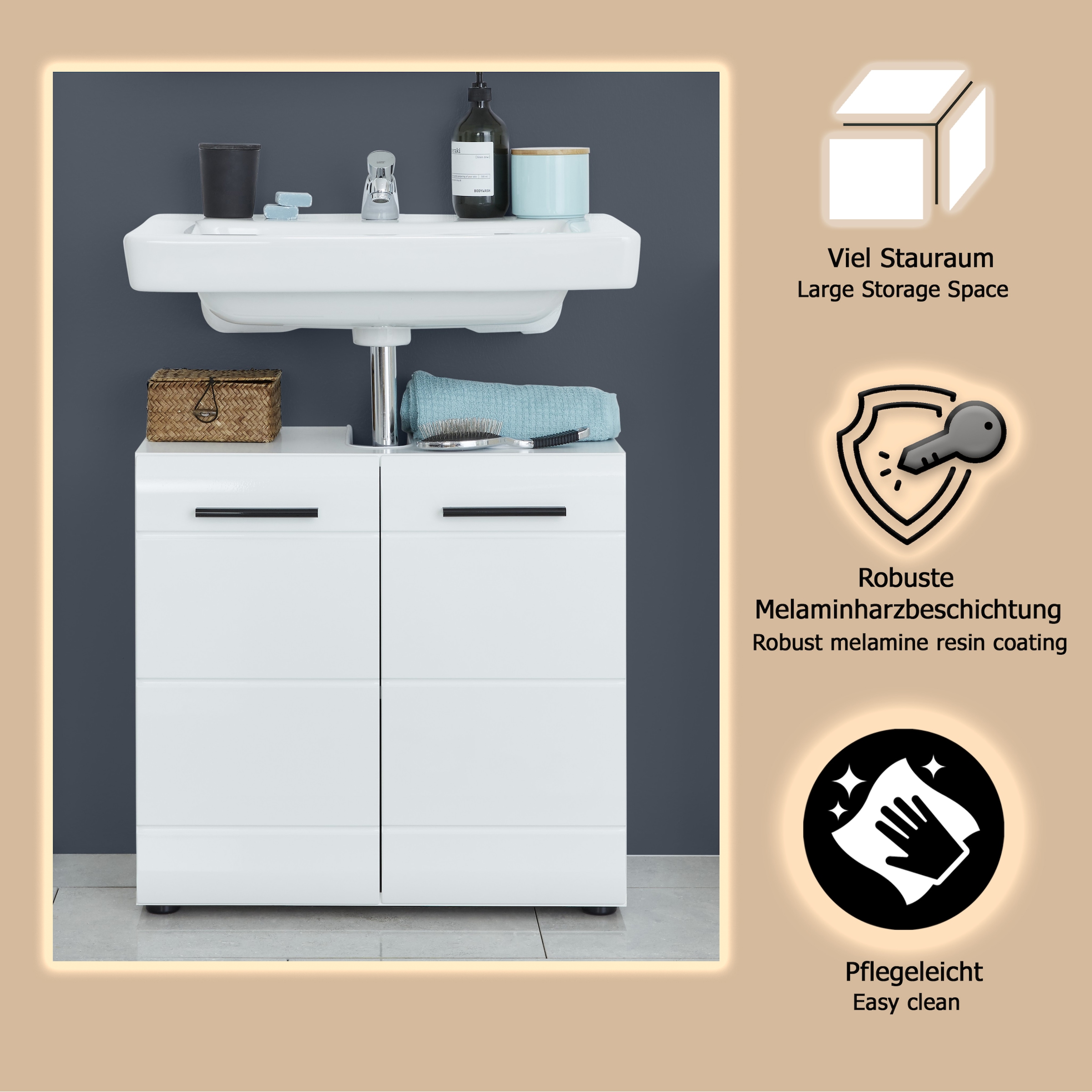 welltime Waschbeckenunterschrank »Sovana«, Waschtisch mit verstellbarem Fach - Maße (B/T/H) 60/31/56 cm