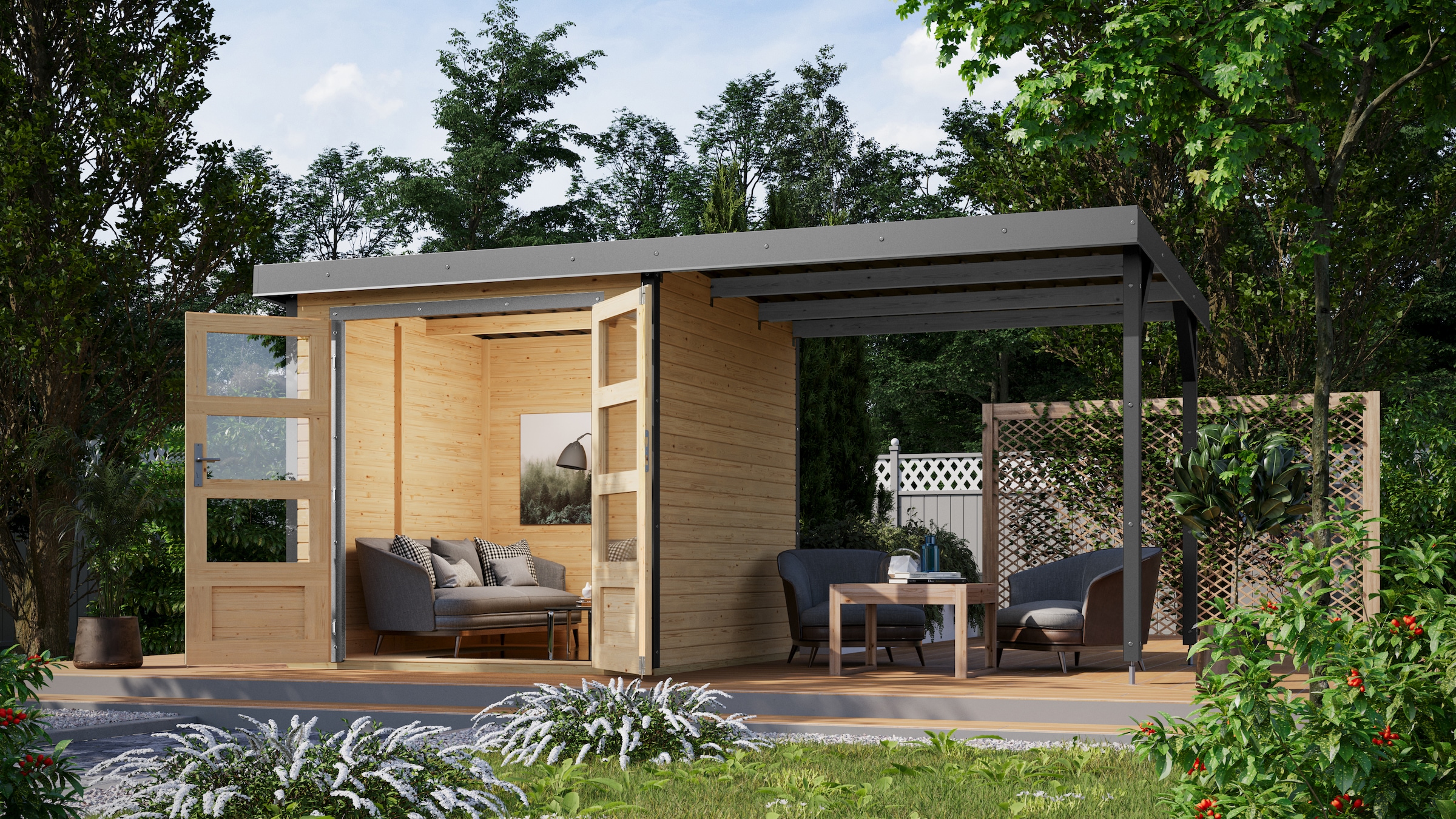 Karibu Gartenhaus »Jupiterino 2  SET, in verschiedenen Farben« inkl. Anbaudach