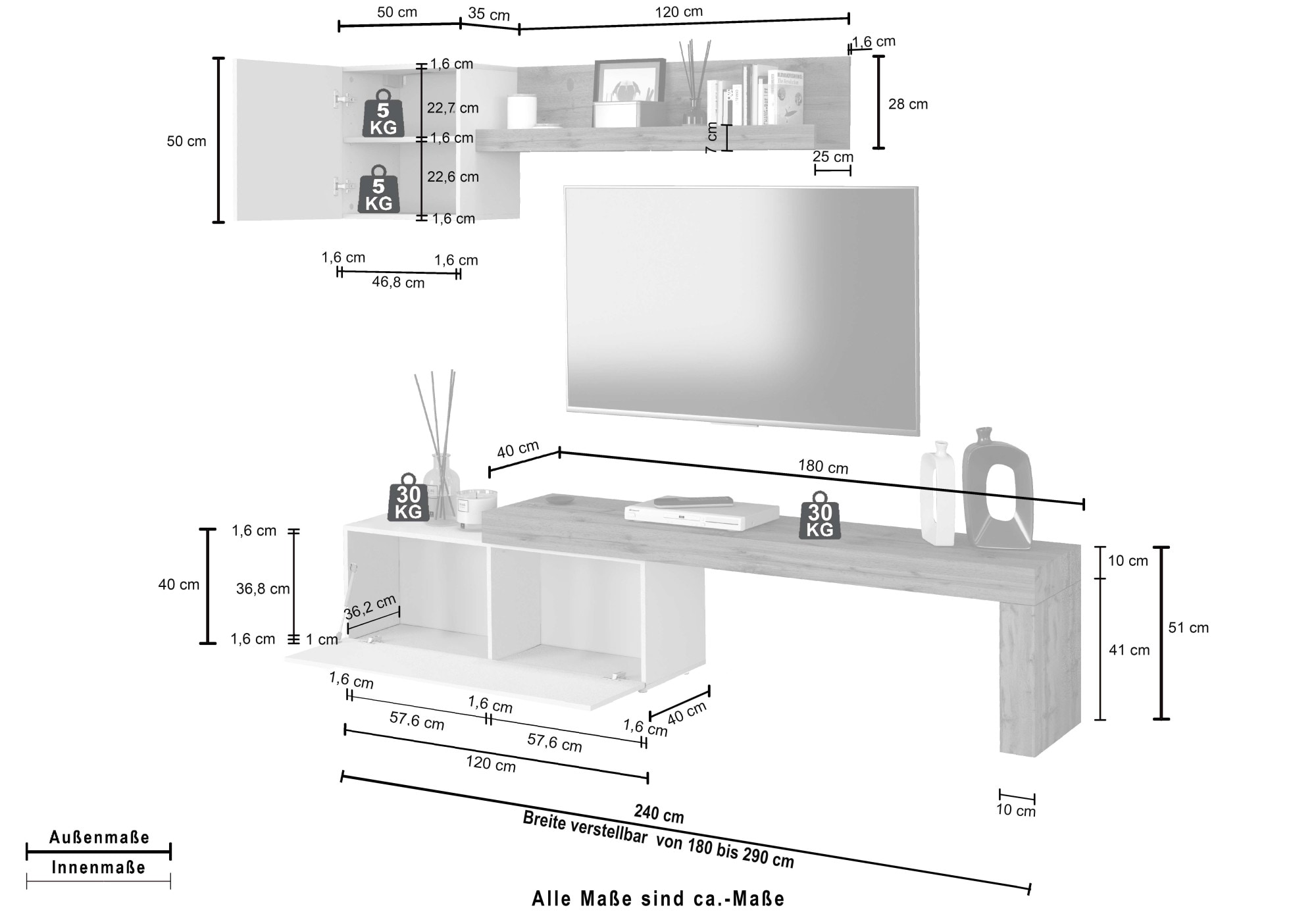 OTTO home TV-Wand »Chronos TV-Set, Wohnwand – Elemente frei platzierbar, Made in Italy« Set, 3-er set, 3 Stk. tlg.