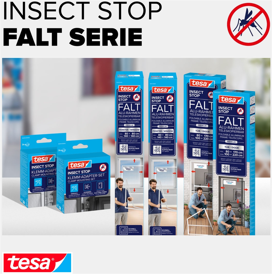 tesa Insektenschutz-Fensterrahmen »Insect Stop Falt Fliegengitter für Fenster - min 0,8 m bis max. 1,4 m« Packung, Teleskop Alu Rahmen, 1 Stk. tlg. Mückenschutz-verstellbarem Rahmen aus Aluminium-ohne bohren