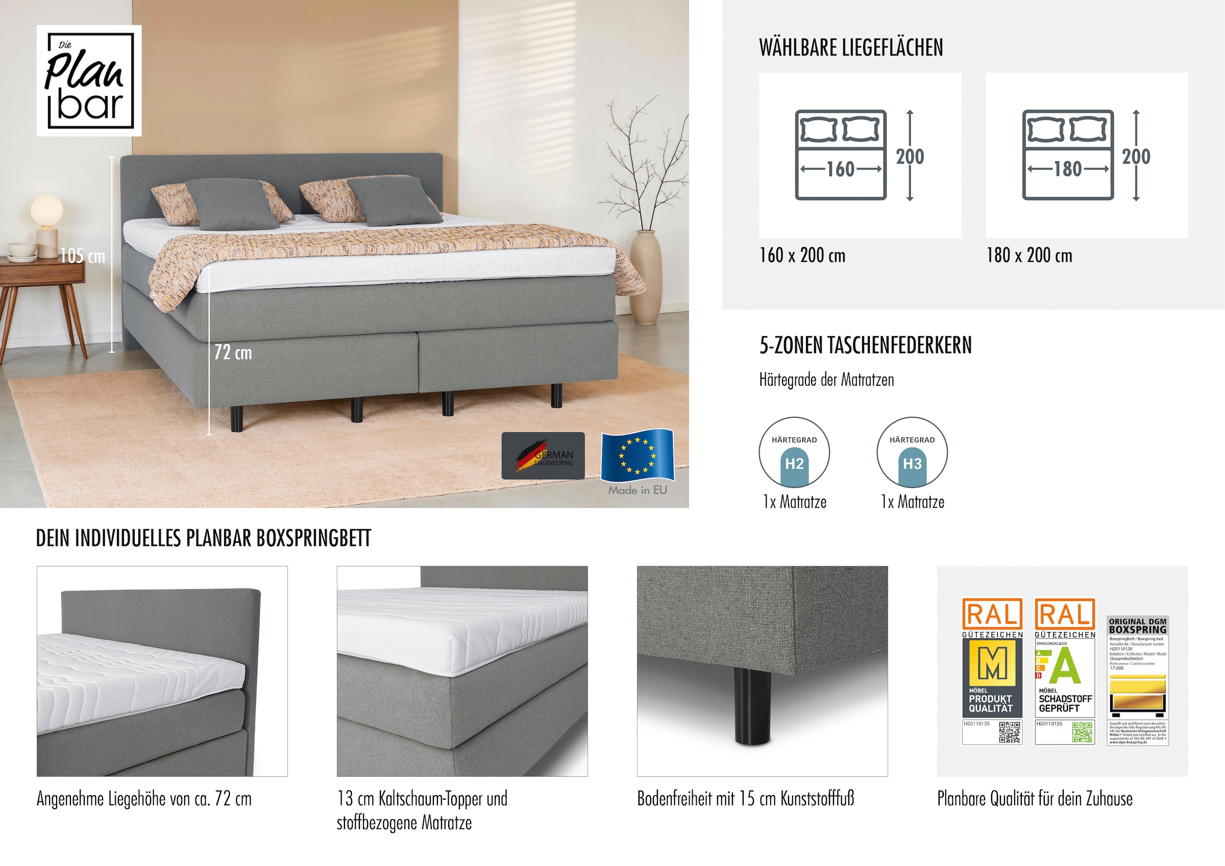Die PlanBar Boxspringbett »OC-ON23163« inkl. Matratzen, Topper u. Bonellfederkern Unterbau, 160/180x200cm