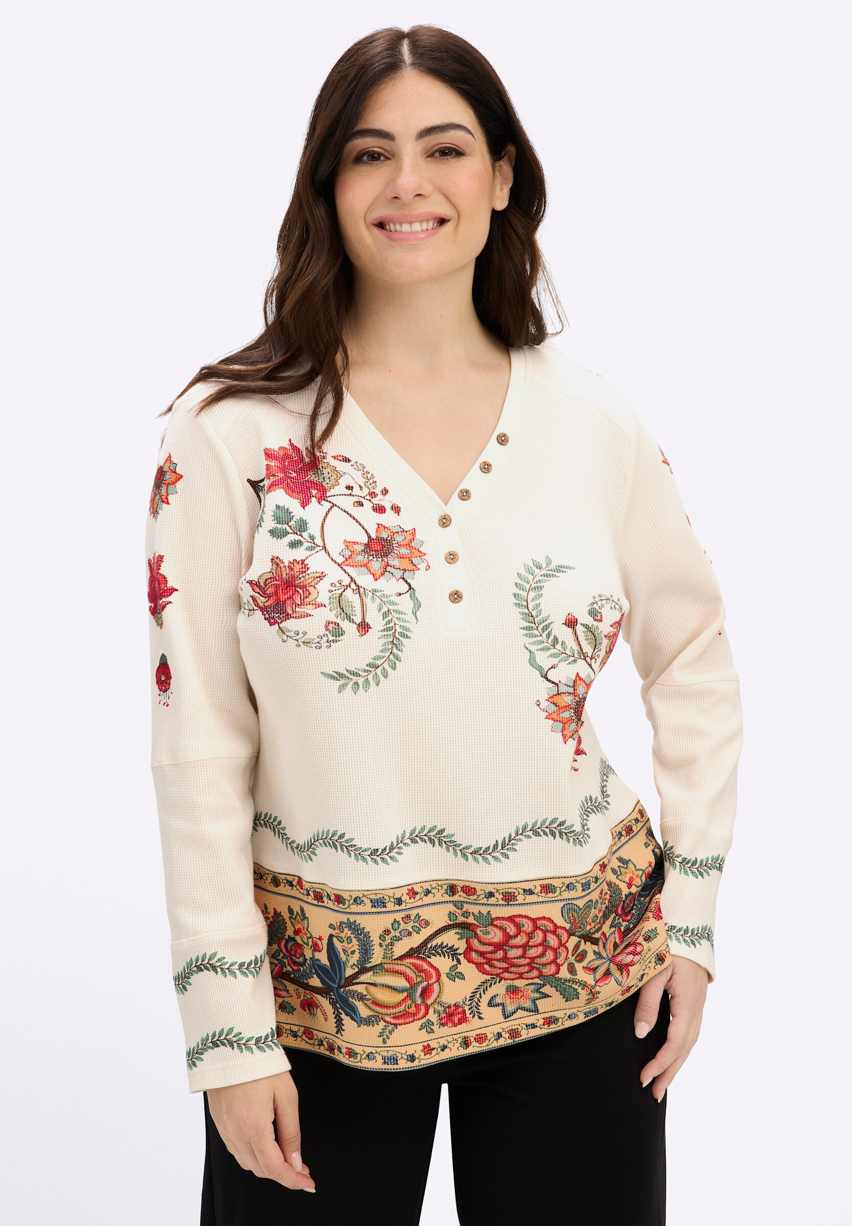 sheego by Joe Browns T-Shirt »Langarm-Shirt Langarmshirt mit Blumendruck und Holzknöpfen«