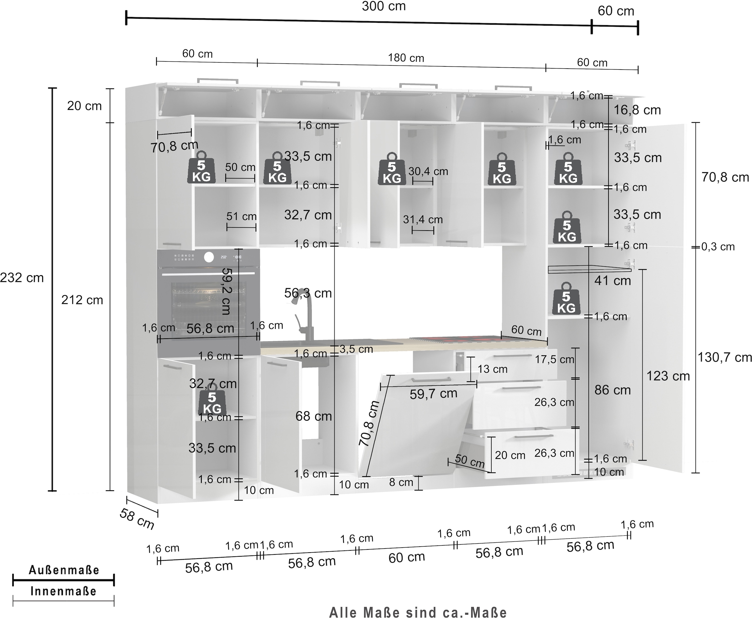 KOCHSTATION Küchenzeile »Luna, Einbauküche, Zeilenküche, mit Soft-Close Funktion, Made in Italy« Breite 300 cm ohne E-Geräte, mit Spüle+Siphon und Aufsatz
