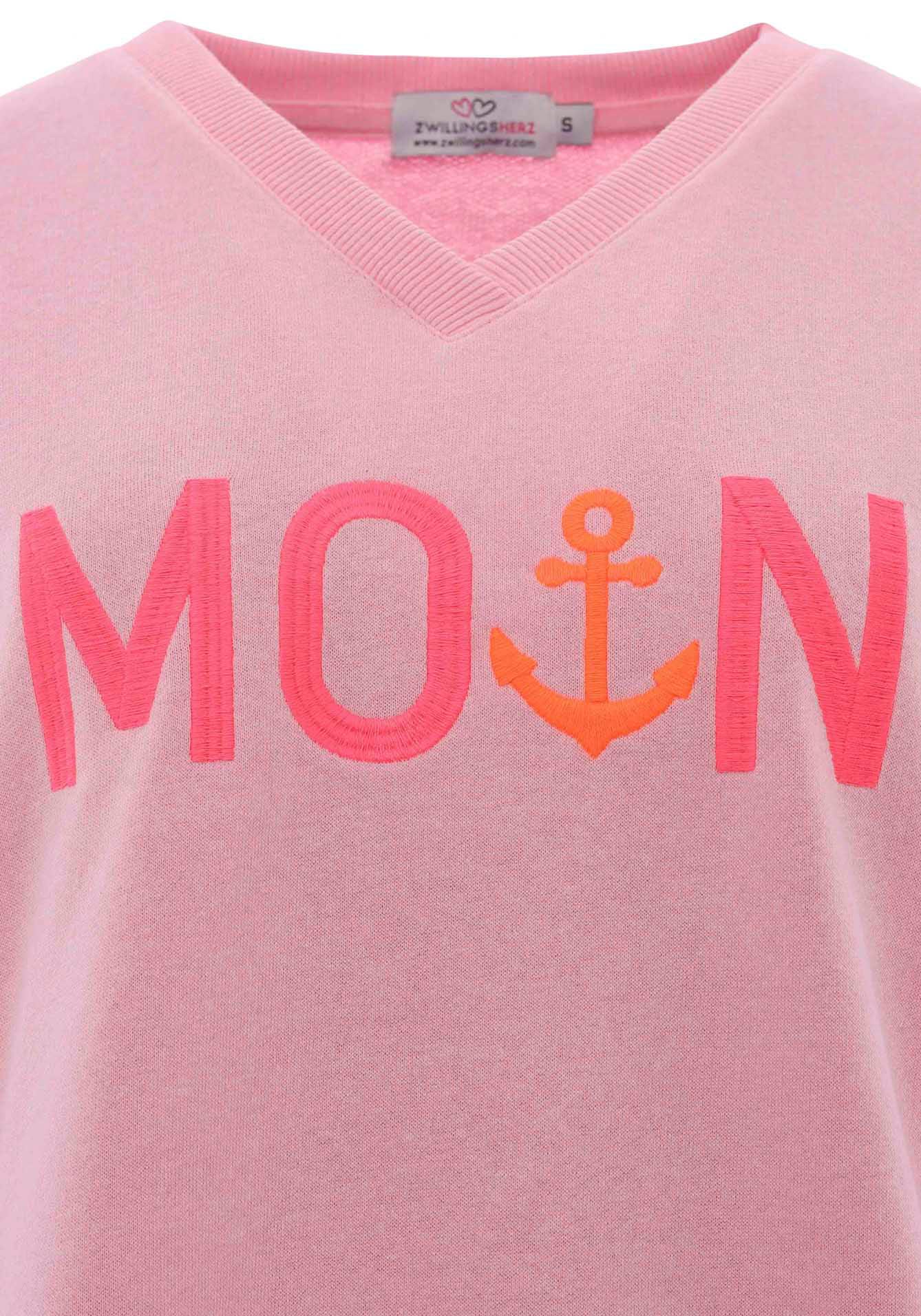 Zwillingsherz Sweatshirt, mit V-Ausschnitt und aufgesticktem "Moin" in Neonfarben