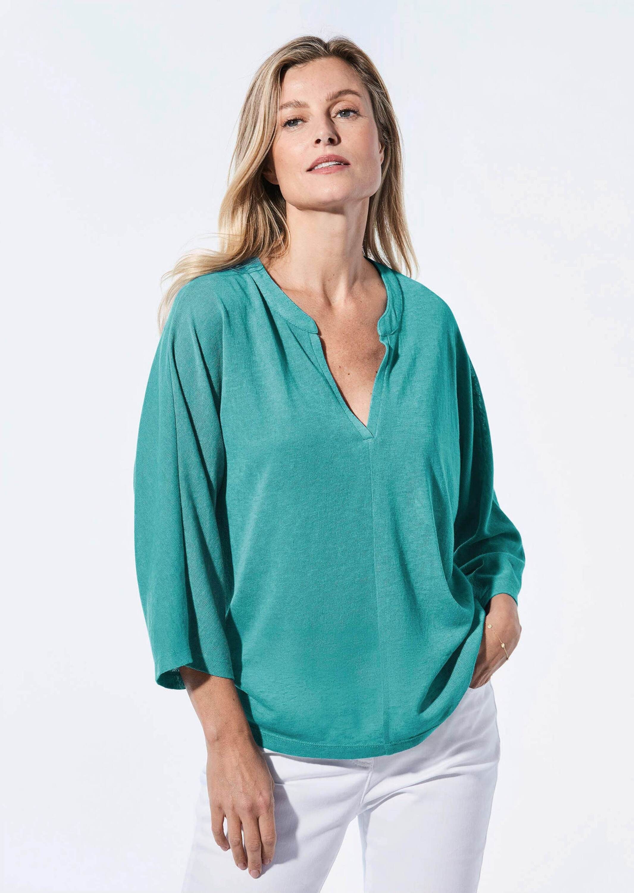 GOLDNER Kurzarmshirt »Kurzgröße Shirt in Leinenoptik«