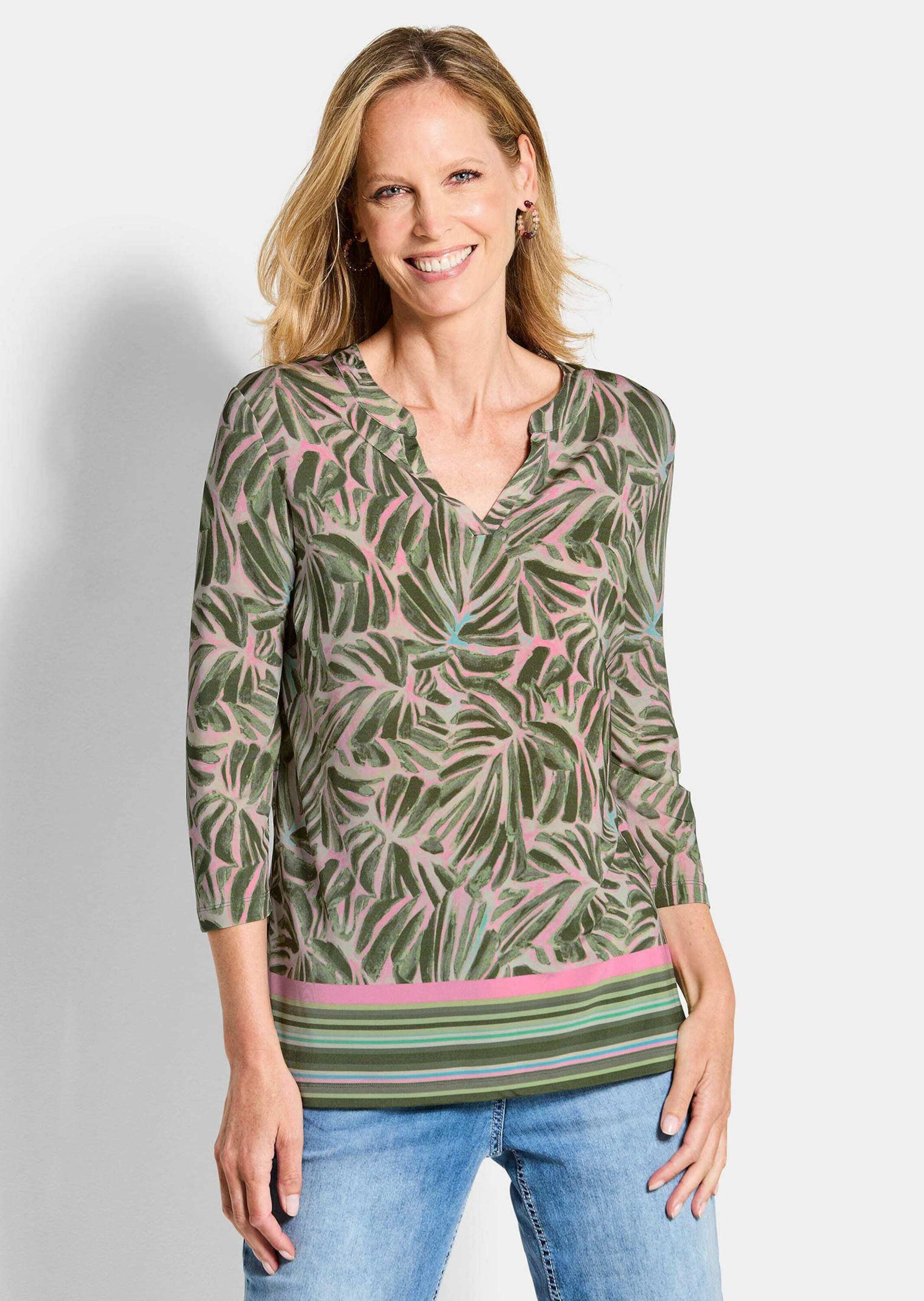 GOLDNER Print-Shirt »Kurzgröße Jerseyshirt mit floralem Design« stretchbequemer Viskosejersy