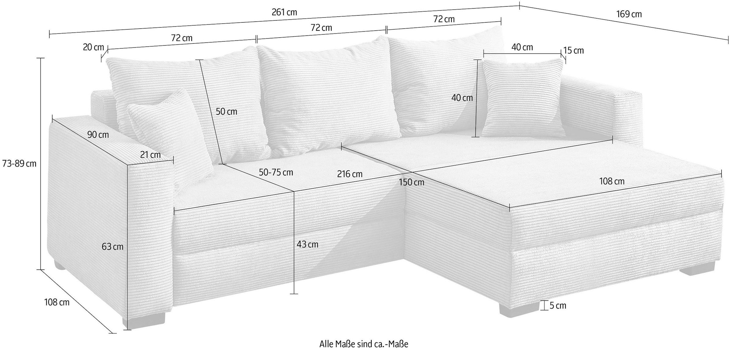 Jockenhöfer Gruppe Ecksofa »Saalbach, L-Form, Breite 261cm«, inkl. Bettfunktion & Bettkasten, Ottomane links/rechts montierbar