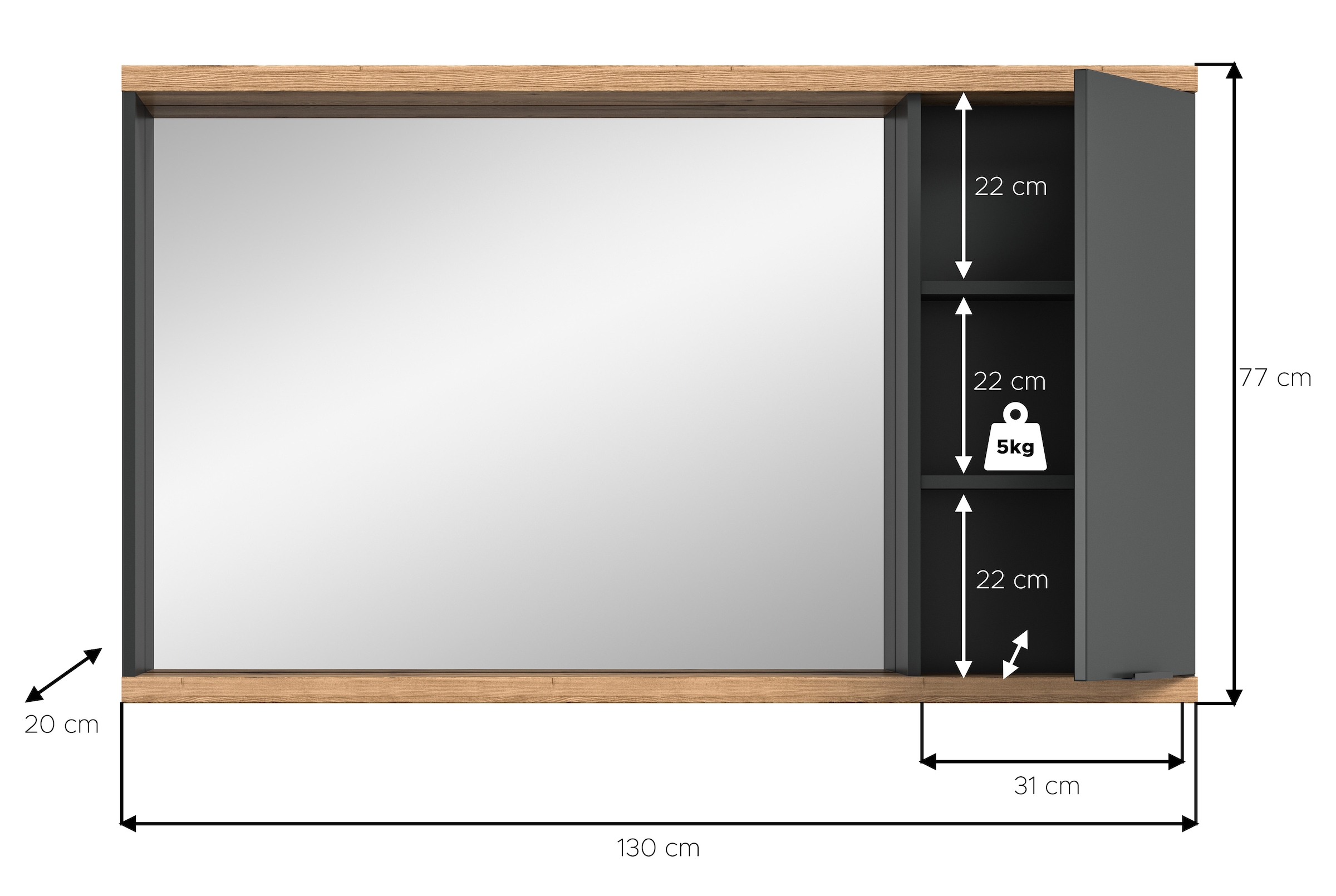 welltime Spiegelschrank »Sencillo, Spiegelschrank 130 cm« 2 Stk. tlg. Sencillo, Spiegelschrank, 1 Tür, 3 Fächer