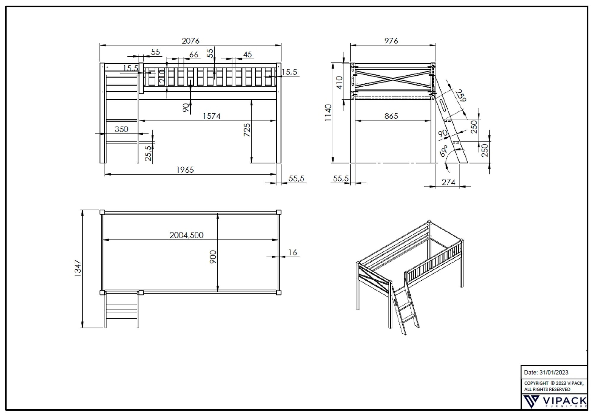 Vipack Hochbett »Scott« Made in Europe,  mit schräger Leiter, LF 90x200 cm, Vorhang, Tunnel, 4 Designs