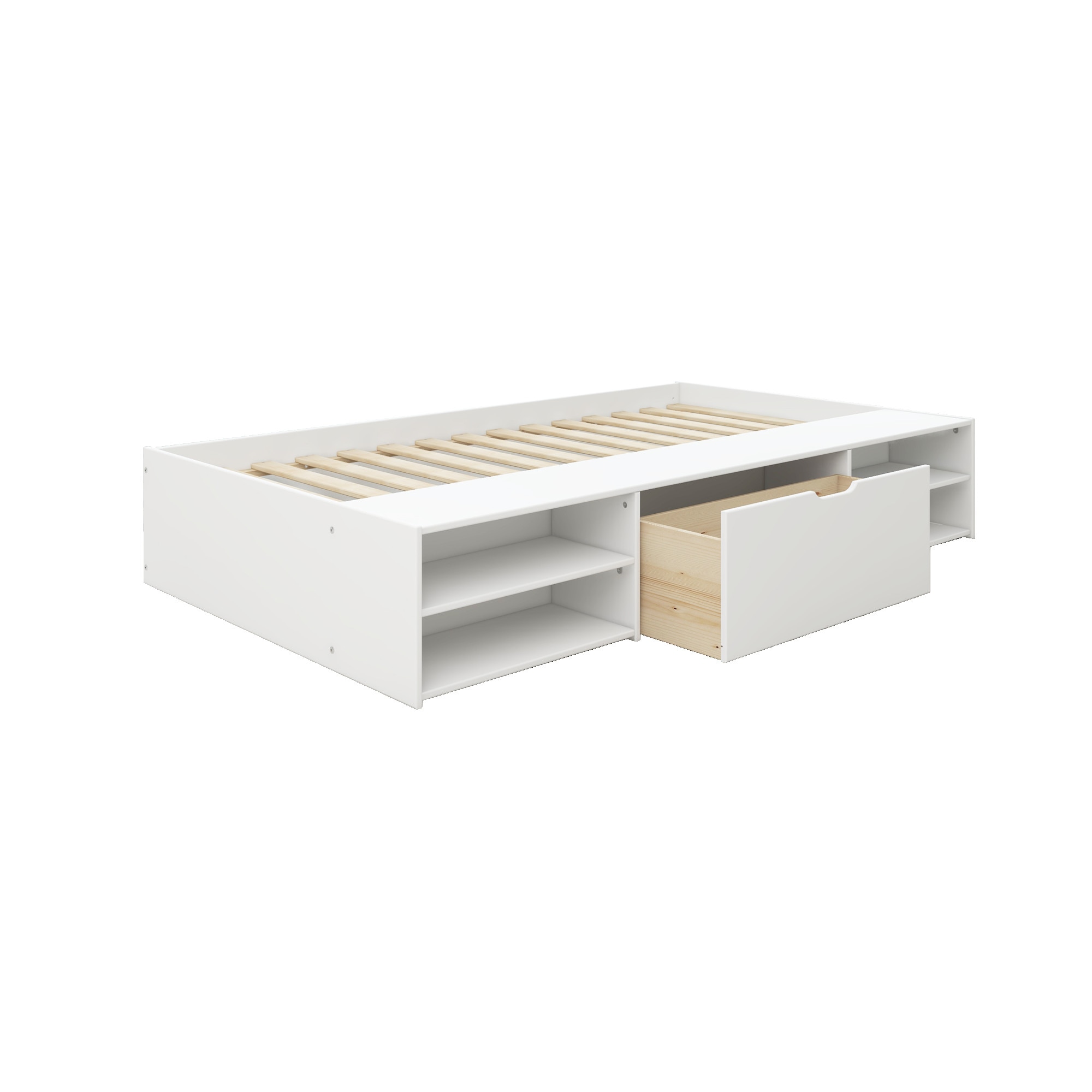 Home affaire Stauraumbett »Cavan, Jugendbett, Podestbett, Futonbett, Made in EU«, (Breite/ Belastbarkeit: 120cm/200 KG, 90cm/ 100KG), inklusive Lattenrost, viel Stauraum, breite Ablage, FSC® zertifiziert