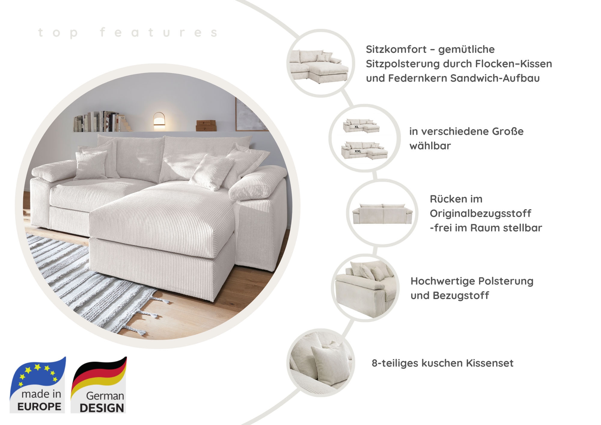 Home affaire Ecksofa »Soft&Cosy XL L-Form - Breite 246 cm«, Mega-Sofa, Cord oder Chenille-Struktur, Federkern-Polsterung
