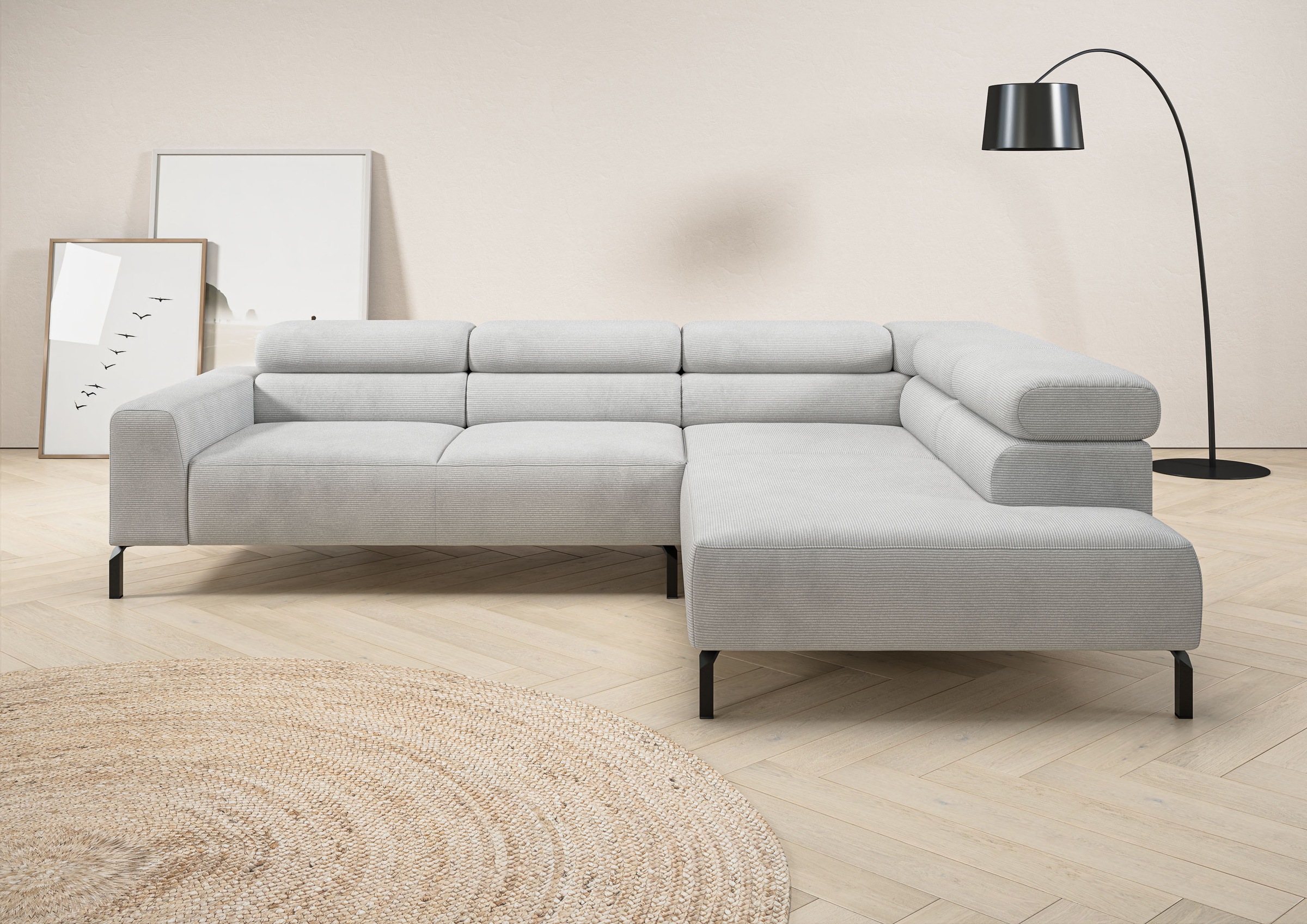 Places of Style Ecksofa »Antonelli, L-Form, inkl. Kopfteilverstellung, Breite 276 cm«, mit elektrischer Sitztiefenverstellung, in Feincord, silber