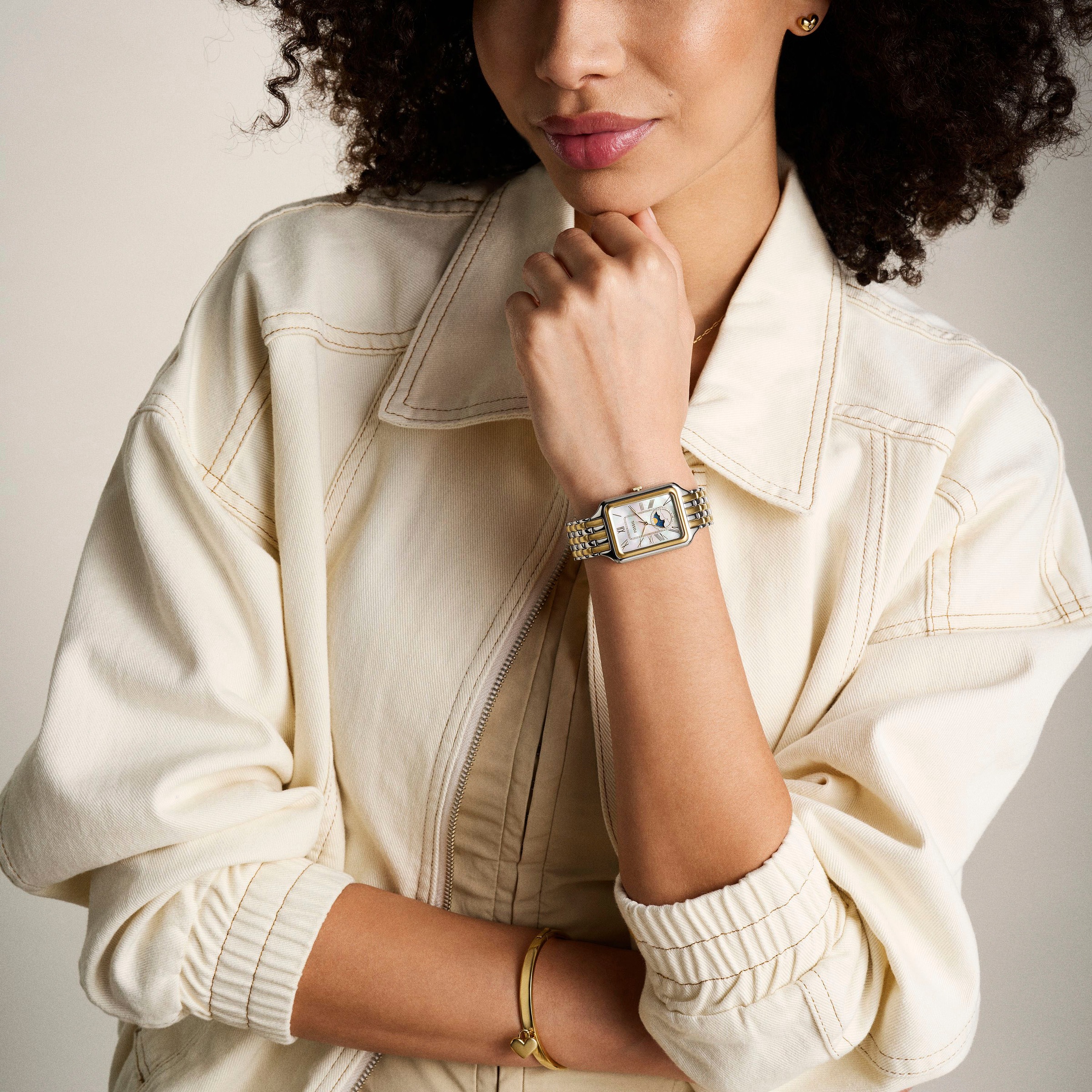 Fossil Quarzuhr »RAQUEL MOONPHASE«, Armbanduhr, Damenuhr, Edelstahlarmband, analog, Mondphase, Glassteine