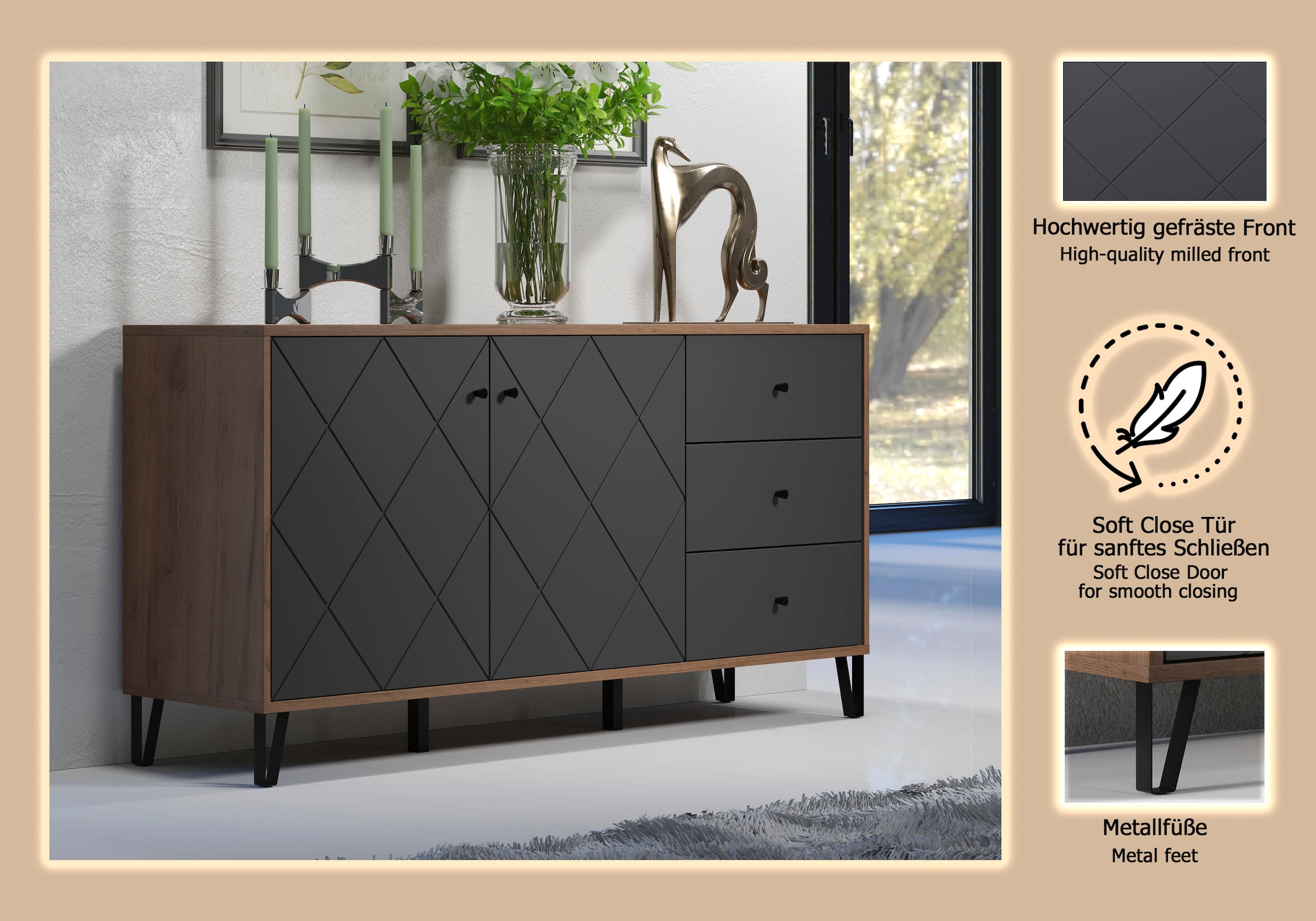 Home affaire Sideboard »Molveno« 1 Stk. tlg. Sideboard, 2 Türen, 3 Schubkasten & Soft-Close - (B/T/H) 183/40/76 cm