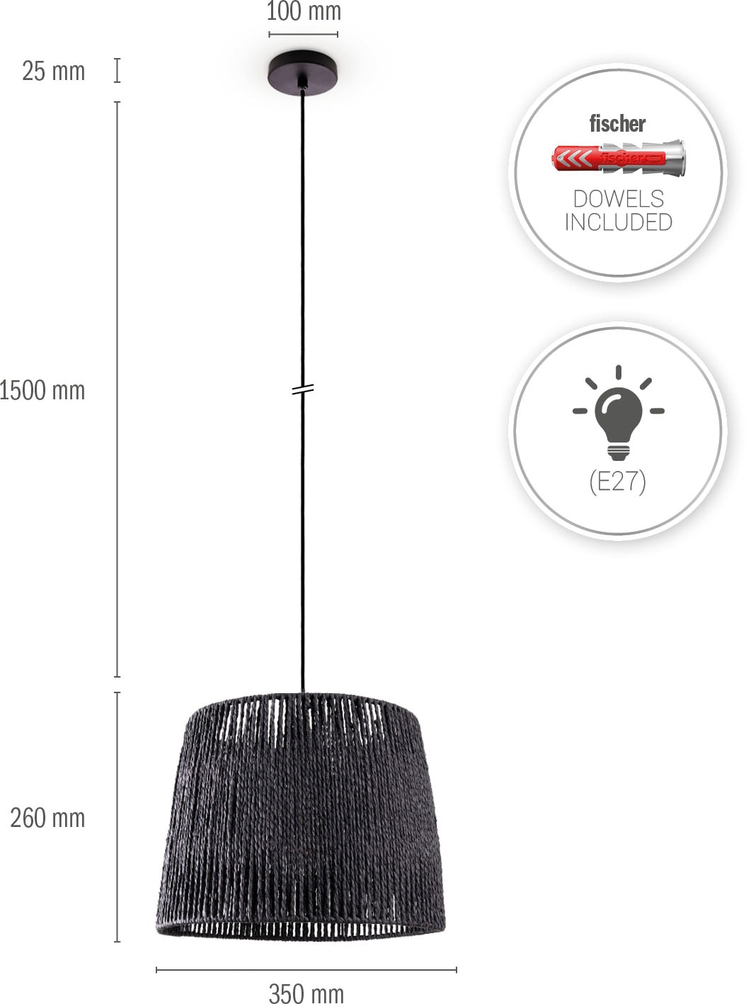 Paco Home Pendelleuchte »Hugo Amadeo«, Leuchtmittel E27 | ohne Leuchtmittel, Wohnzimmer Esszimmer Rattan Optik Boho Lampenschirm Papier