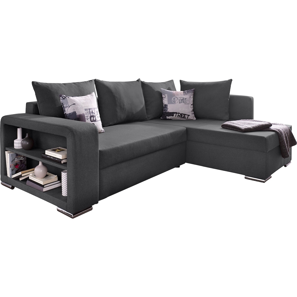 Ecksofa John mit Bettfunktion, Bettkasten und Regalarmteil