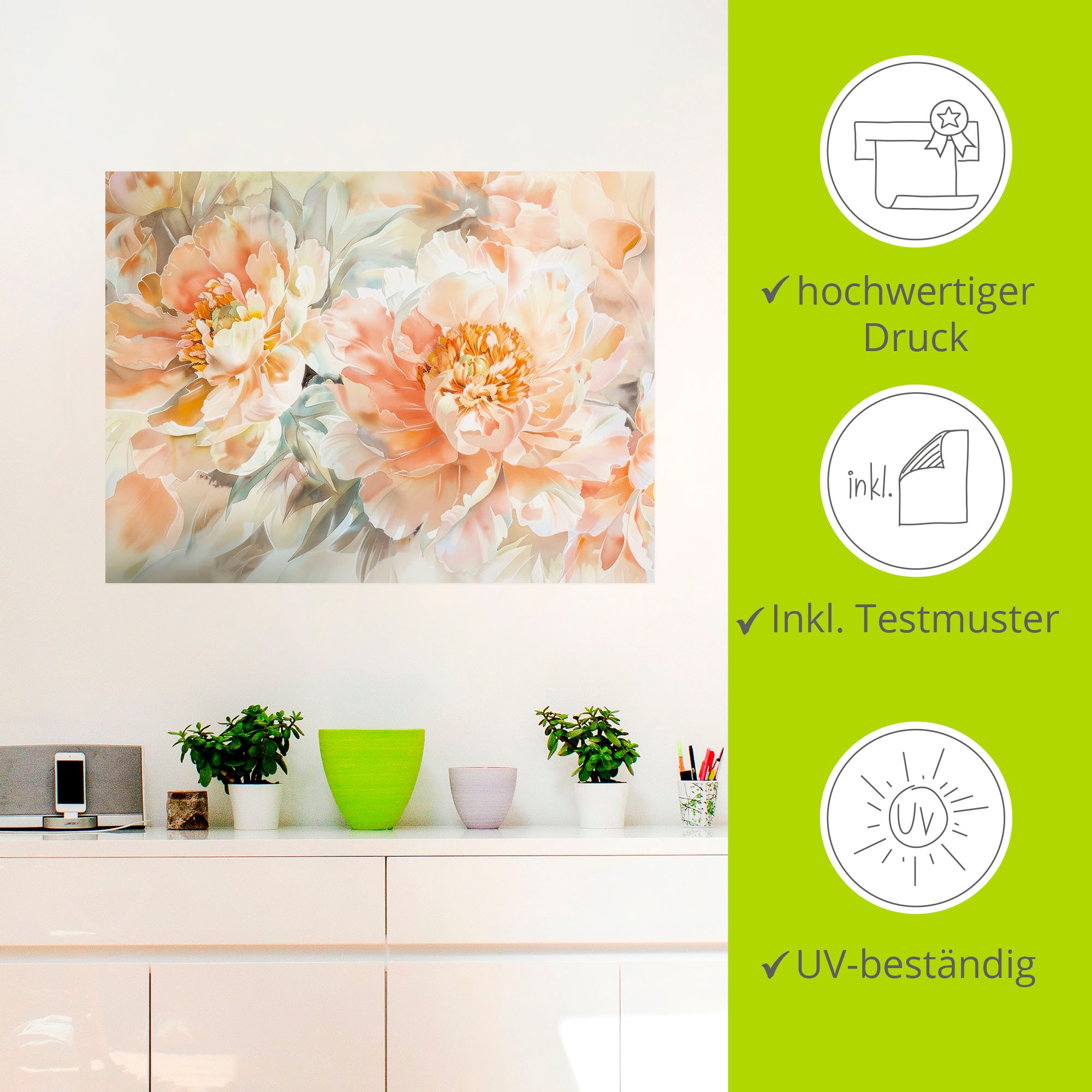 Artland Wandbild »Pfirsisch Farbene Pfingstrosen Aquarell« Blumenbilder 1 Stk. tlg. als Alubild, Leinwandbild, Poster, Wandaufkleber in verschied. Größen