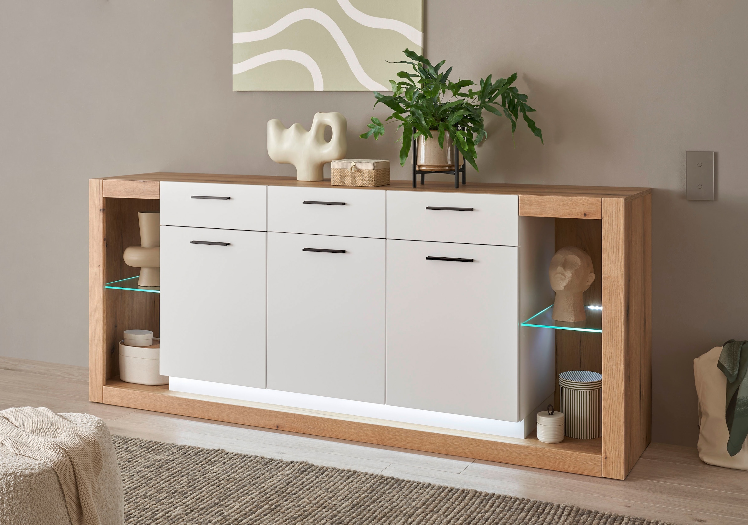 INOSIGN Wohnwand »Brixen, moderne Anbauwand, Wohnzimmer-Set, Eiche Evoke Dekor mit Weiß«, (Set, 3 St.), enthält Stauraumelement, Sideboard und Wandboard