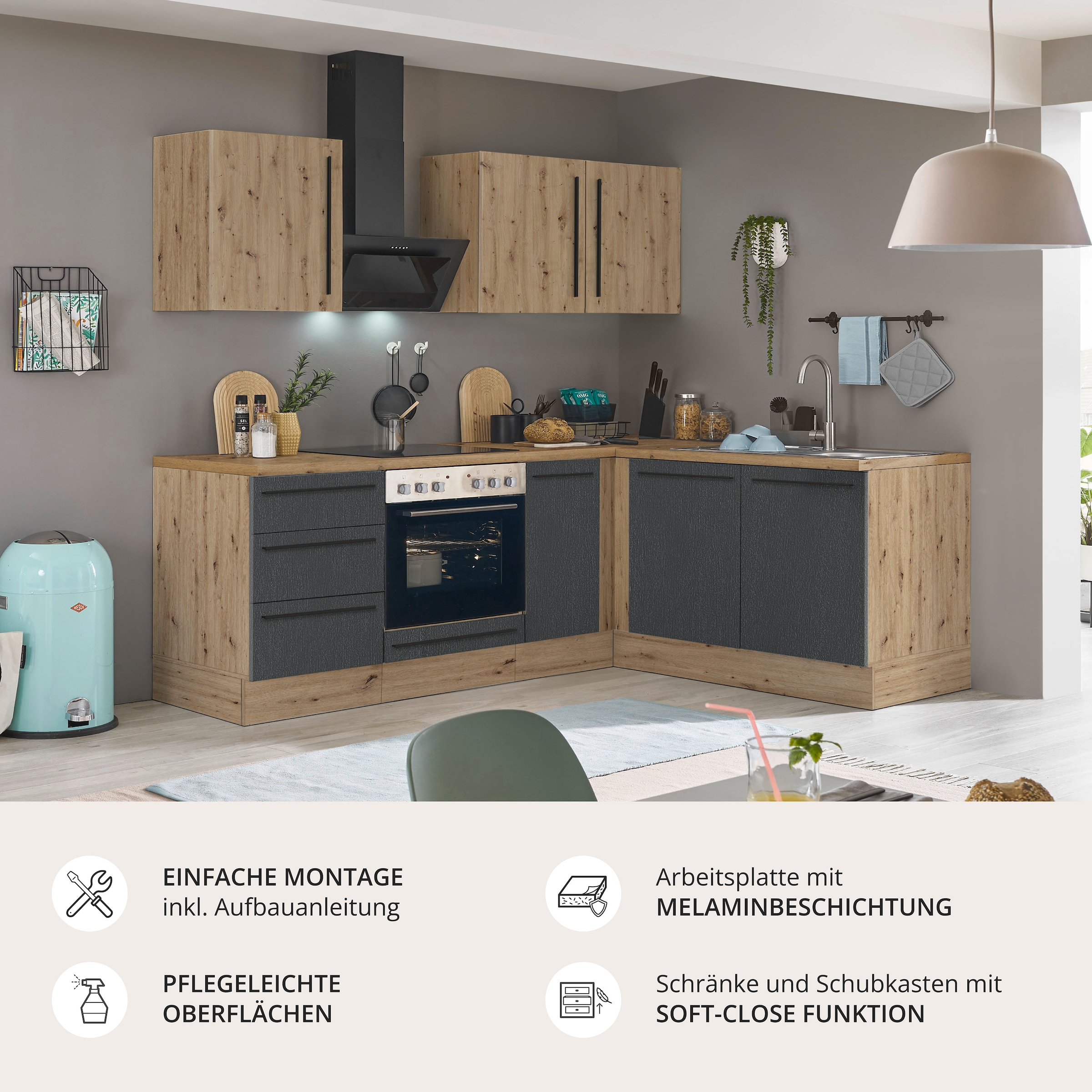 KOCHSTATION Winkelküche »Florida, Stellbreite 210x165 cm« wahlweise mit E-Geräten, mit Softclose für Türen und Schubkästen