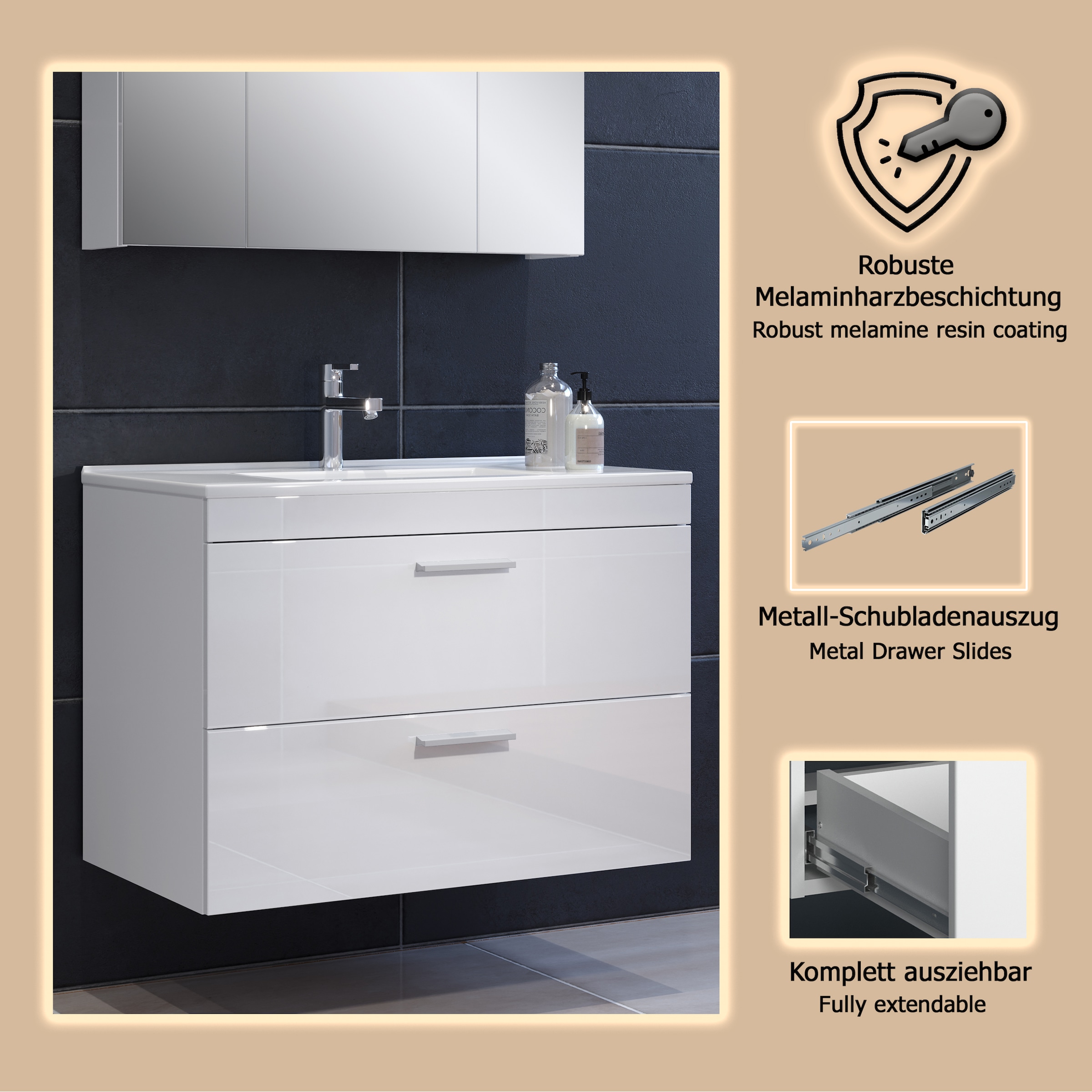 welltime Waschbeckenunterschrank »Dormoletto«, Hänge-Waschbeckenunterschrank m. Becken - (B/T/H) 81/47/59 cm