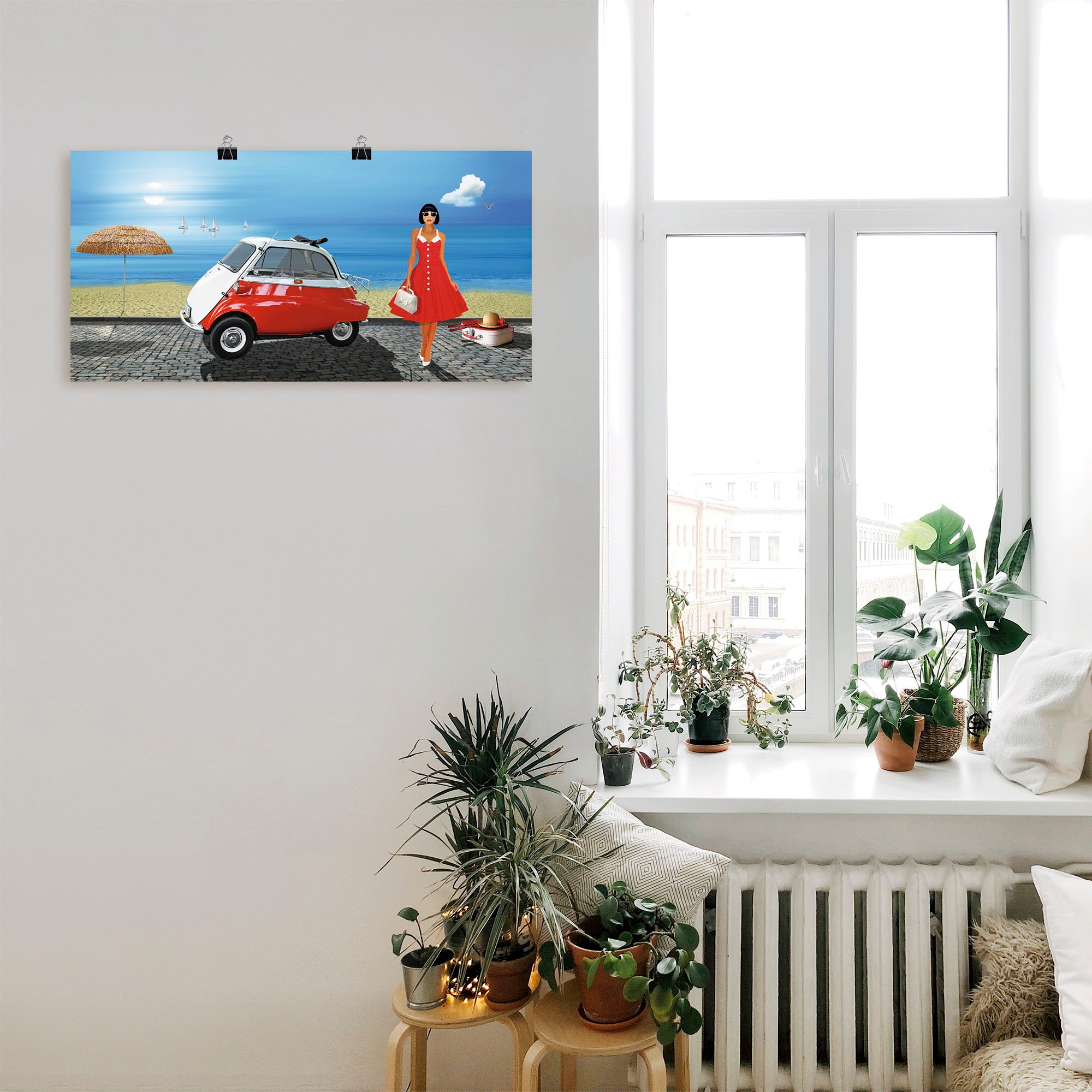Artland Poster »Urlaub in den 60er Jahren«, Frau, (1 St.), als Leinwandbild, Wandaufkleber oder Poster in versch. Größen