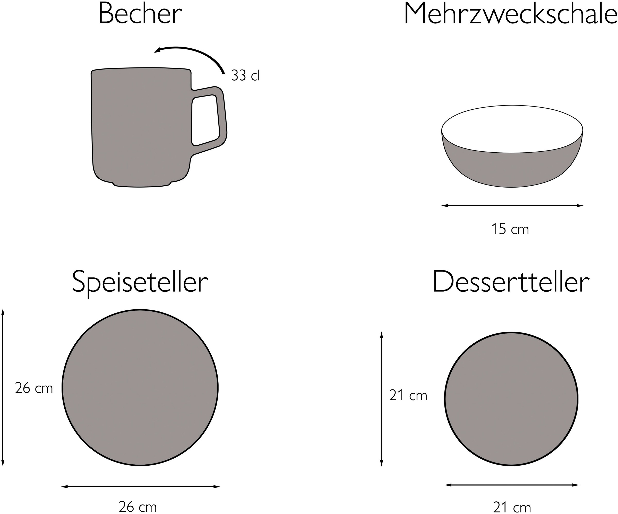 CreaTable Kombiservice »Geschirr-Set Industrial Chic«, (Set, 16 tlg., Kaffeeservice und Tafelservice im Set, für 4 Personen), Service, seidenmatte Sprenkelglasur, 16 Teile, für 4 Personen