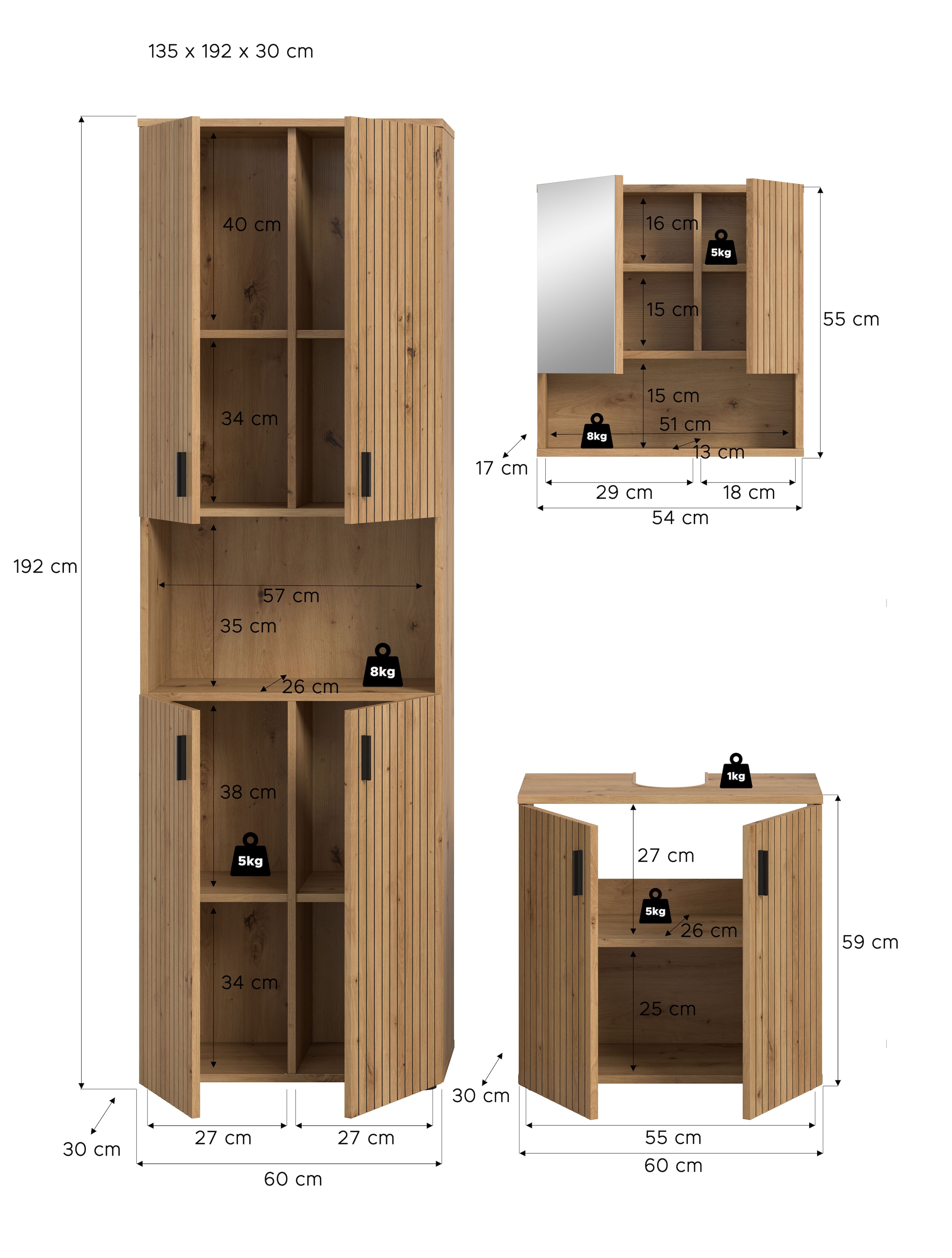 welltime Badmöbel-Set »MANI, 3-tlg. Badkombination, Paneeloptik« Set, Set, best. aus: 1Hochschrank,1Waschbeckenunterschrank,1Spiegelschrank, 3 Stk. tlg.