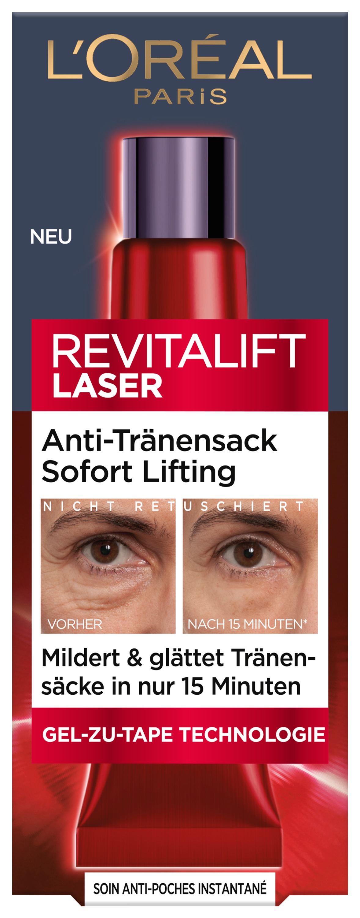 L'ORÉAL PARIS Anti-Aging-Augencreme »REVITALIFT LASER ANTI-TRÄNENSACK SOFORT LIFTING« mildert und glättet Tränensäcke in nur 15 Minuten