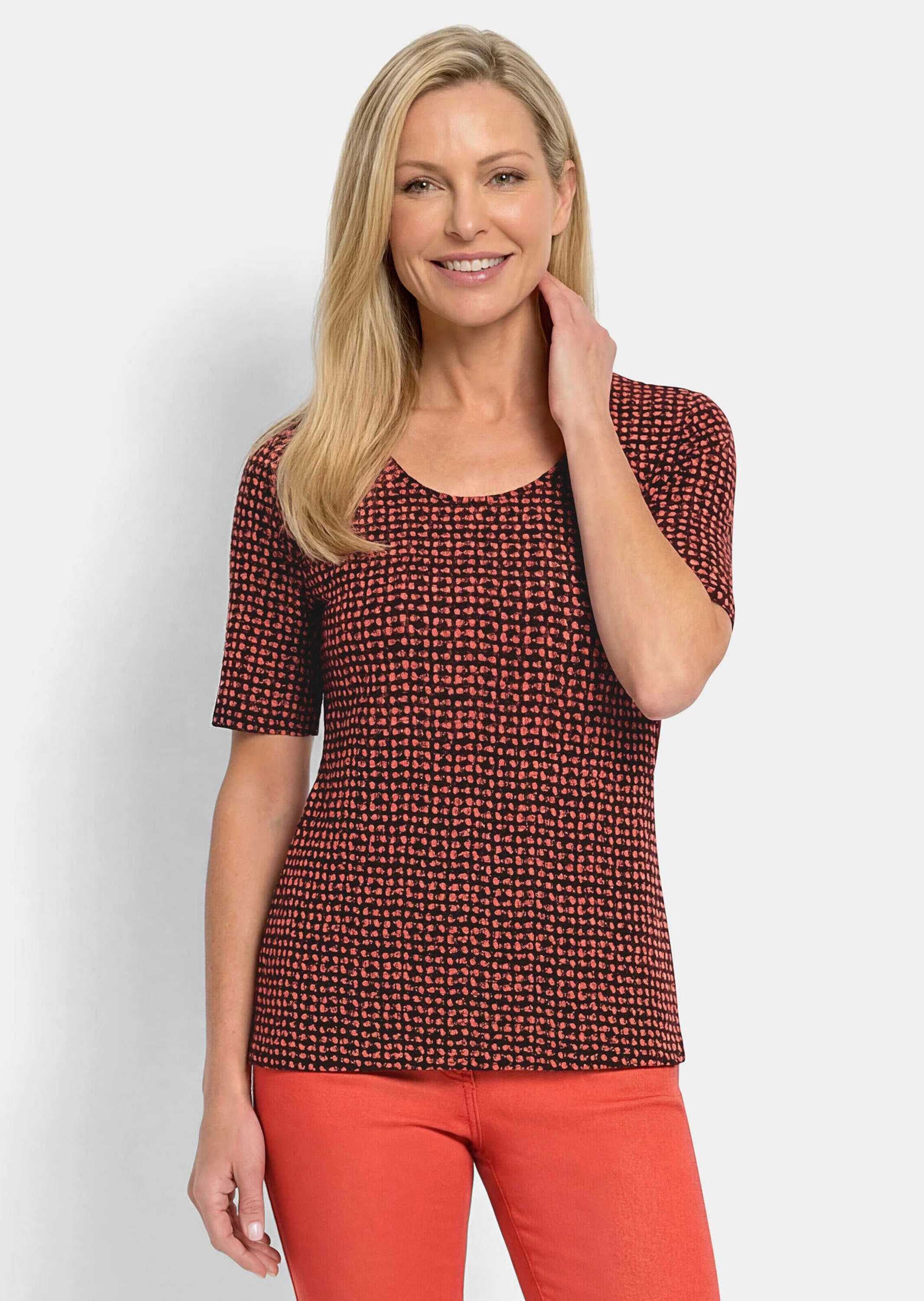 GOLDNER Kurzarmshirt »Kurzgröße Viskoseshirt mit geometrischem Minimal Print« stretchbequemer Viskosejersey