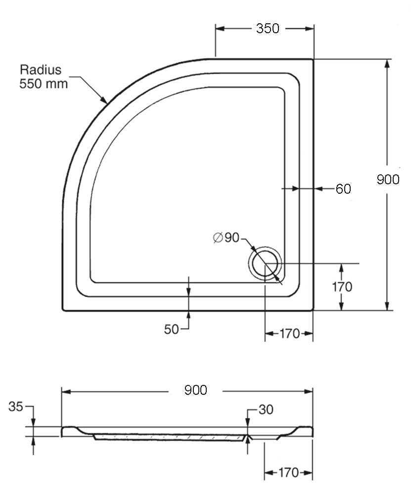 OTTOFOND Duschwanne »Set Viertelkreis Duschwanne«, (3 St.), 900x900/30 mm