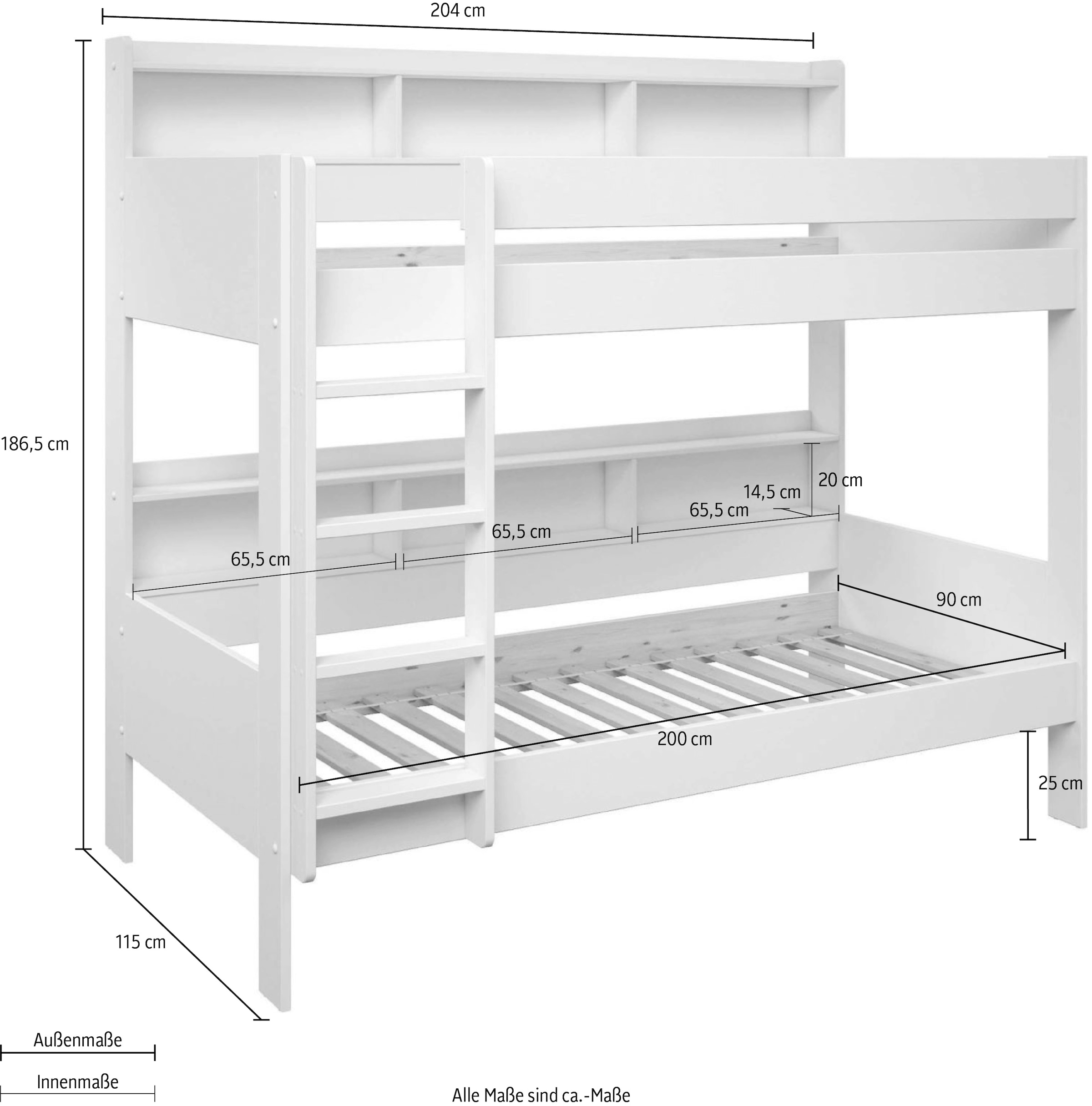 Lüttenhütt Etagenbett »JAIME, TOPSELLER! Stockbett, mit Regalen, Schublade optional«, (ca. 186x115x204 Höhe/Breite/Länge), FSC® zertifiziertes Massivholz, viel Stauraum und Abstellfläche