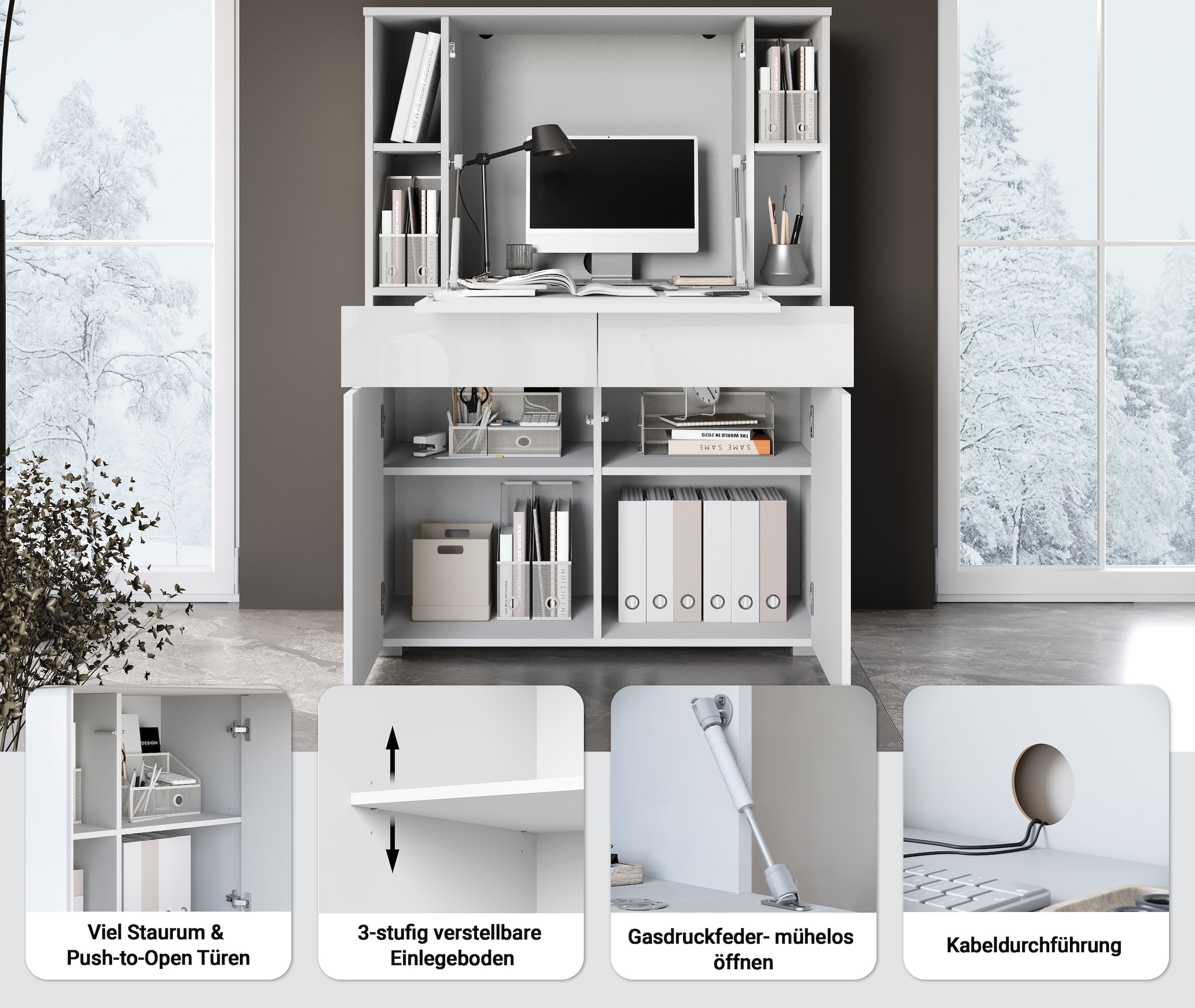 OTTO home Sekretär »Paris, Moderner PC-Schrank mit klappbarer Arbeitsfläche« 1 Stk. tlg. 2 Schubladen, Push-to-Open und verstellbare Einlegeböden, Breite 90 cm