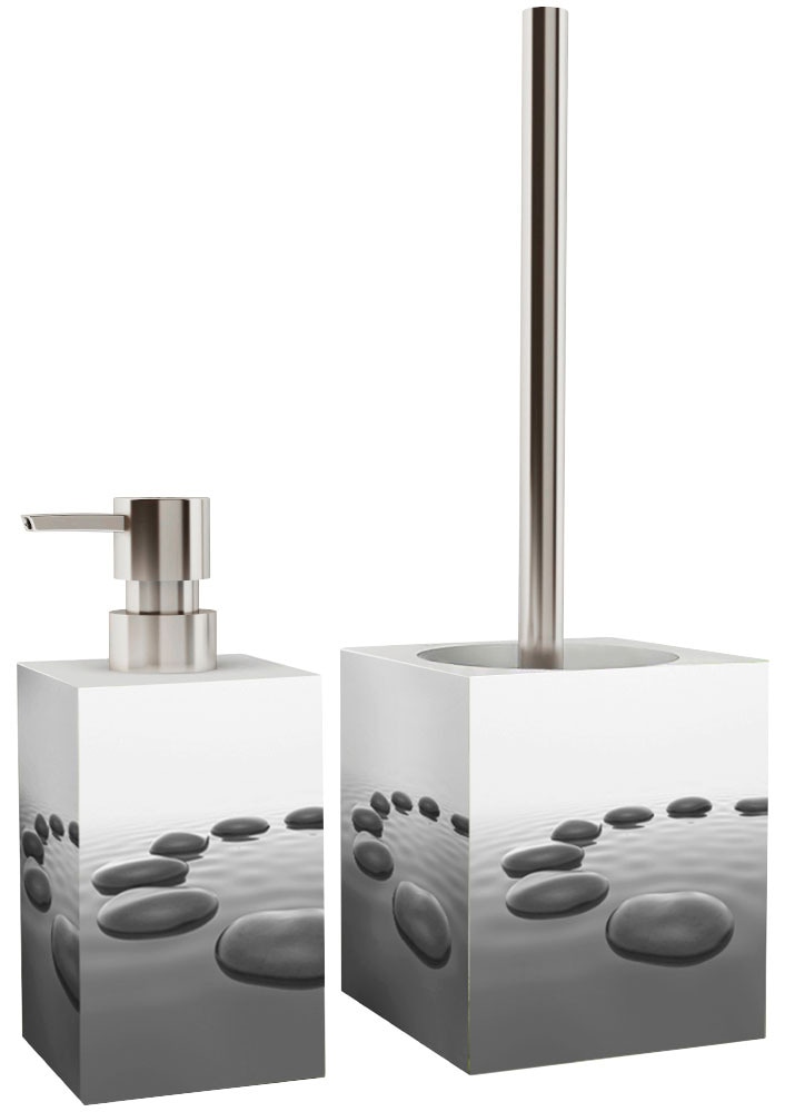 Sanilo Badaccessoire-Set »Black Stones« bestehend aus WC-Sitz, Badteppich, Stöpsel, Seifenspender, WC-Bürste