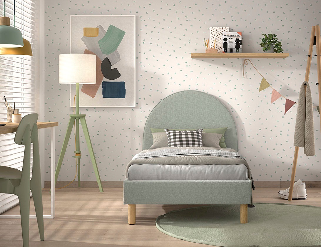 Vipack Polsterbett »Moon, mit flauschigem Bouclé Stoff in verschiedenen Farben« B/H/T ca. 147x132x212cm, gebogenes Kopfteil, Füße Massivholz,  inkl. Rolllattenrost, wahlweise 2 Breiten und verschiedene Farben