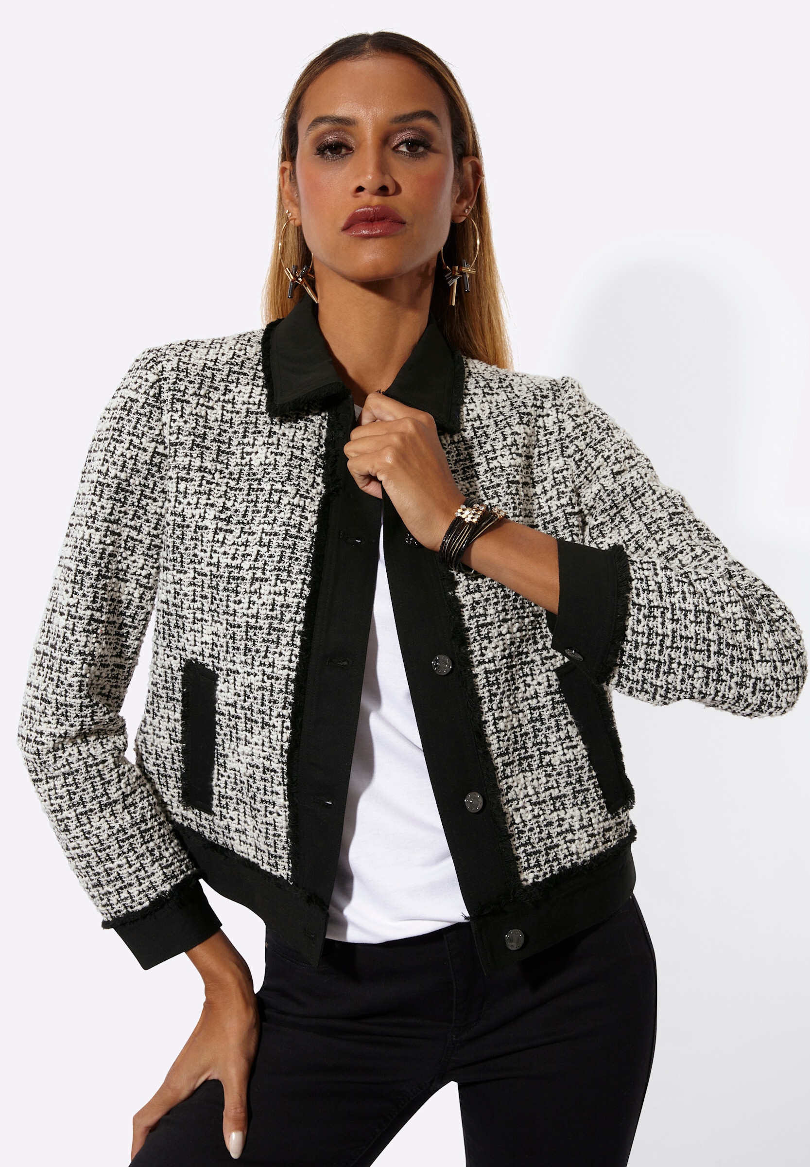 creation L Blusenblazer »Bouclé-Blazer Blazer mit modischen Fransen«